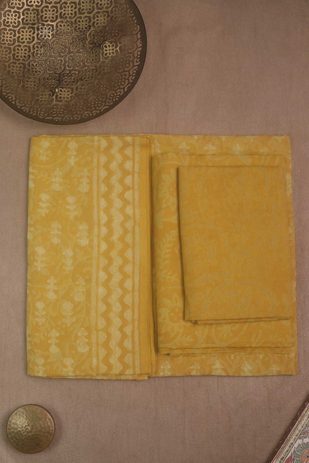 Yellow Block Printed Mul Cotton Suit