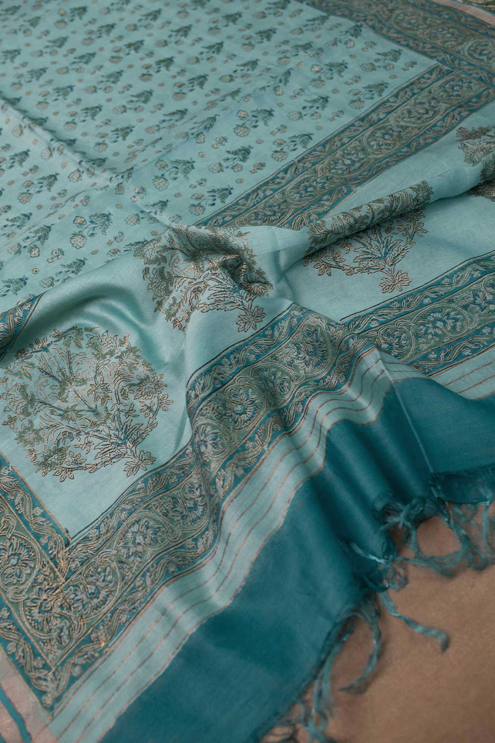 Glacier Blue Block Printed Silk Cotton Dupatta - Image 2