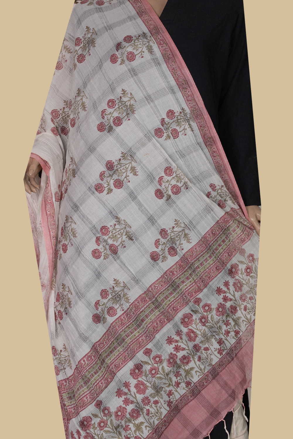 Tri Floral - Cream Block Printed Cotton Dupatta