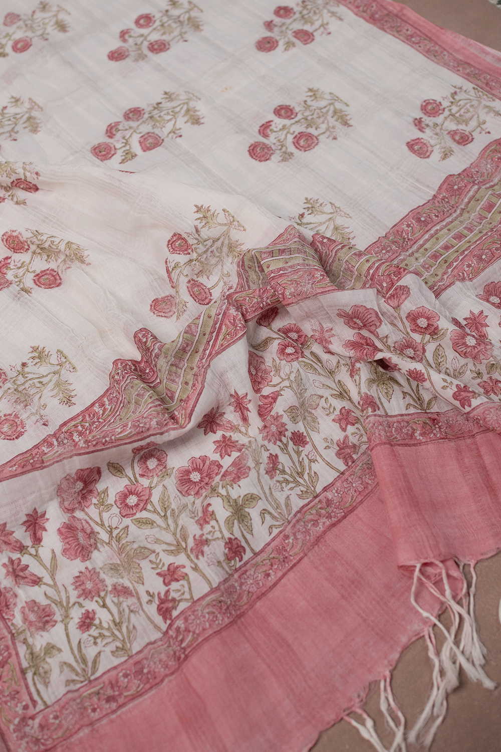 Tri Floral - Cream Block Printed Cotton Dupatta - Image 2
