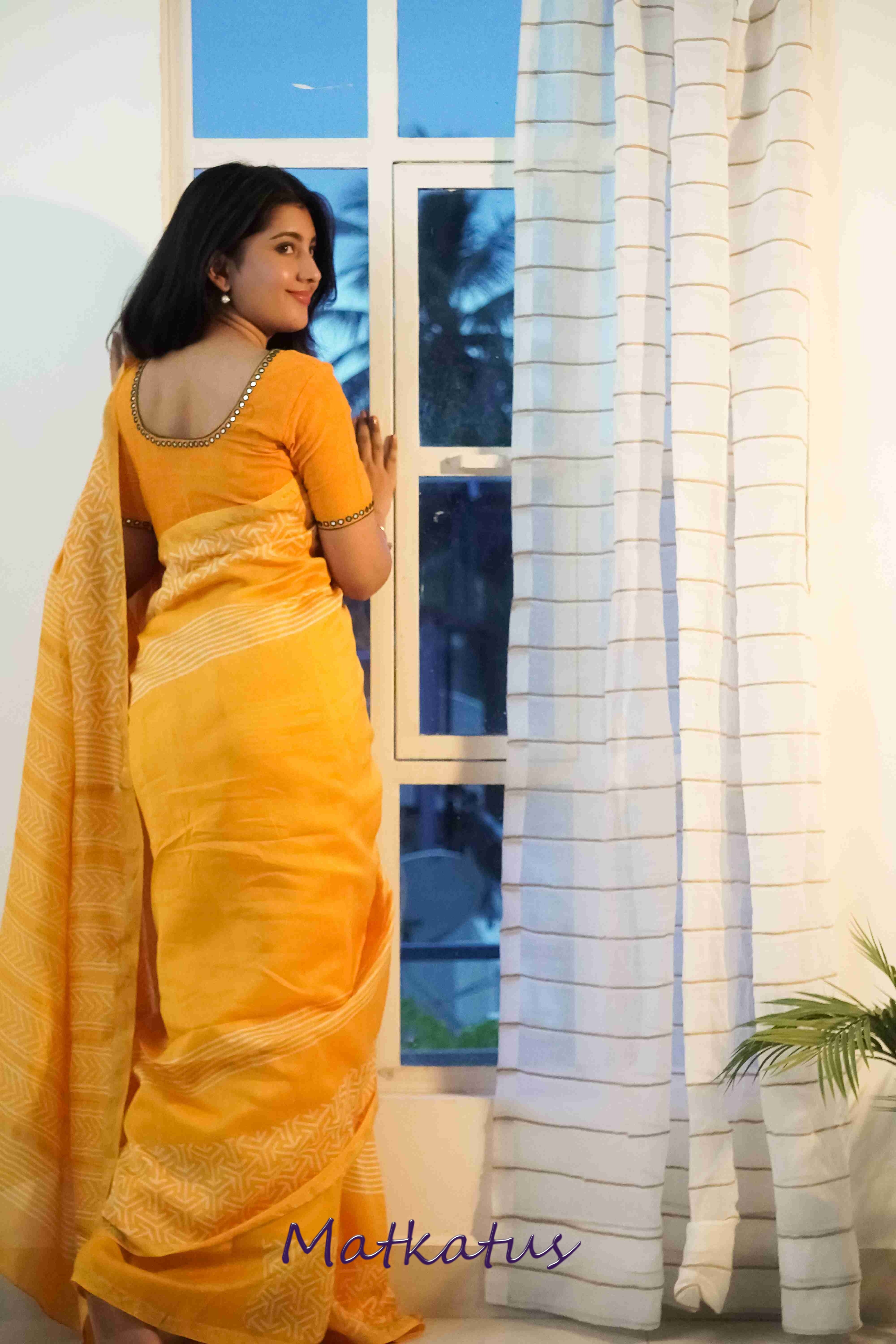 Yellowish Orange Block Printed Silk Cotton saree - Image 3
