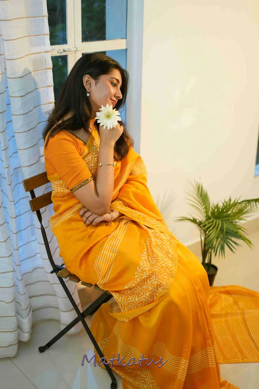 Yellowish Orange Block Printed Silk Cotton saree - Image 4