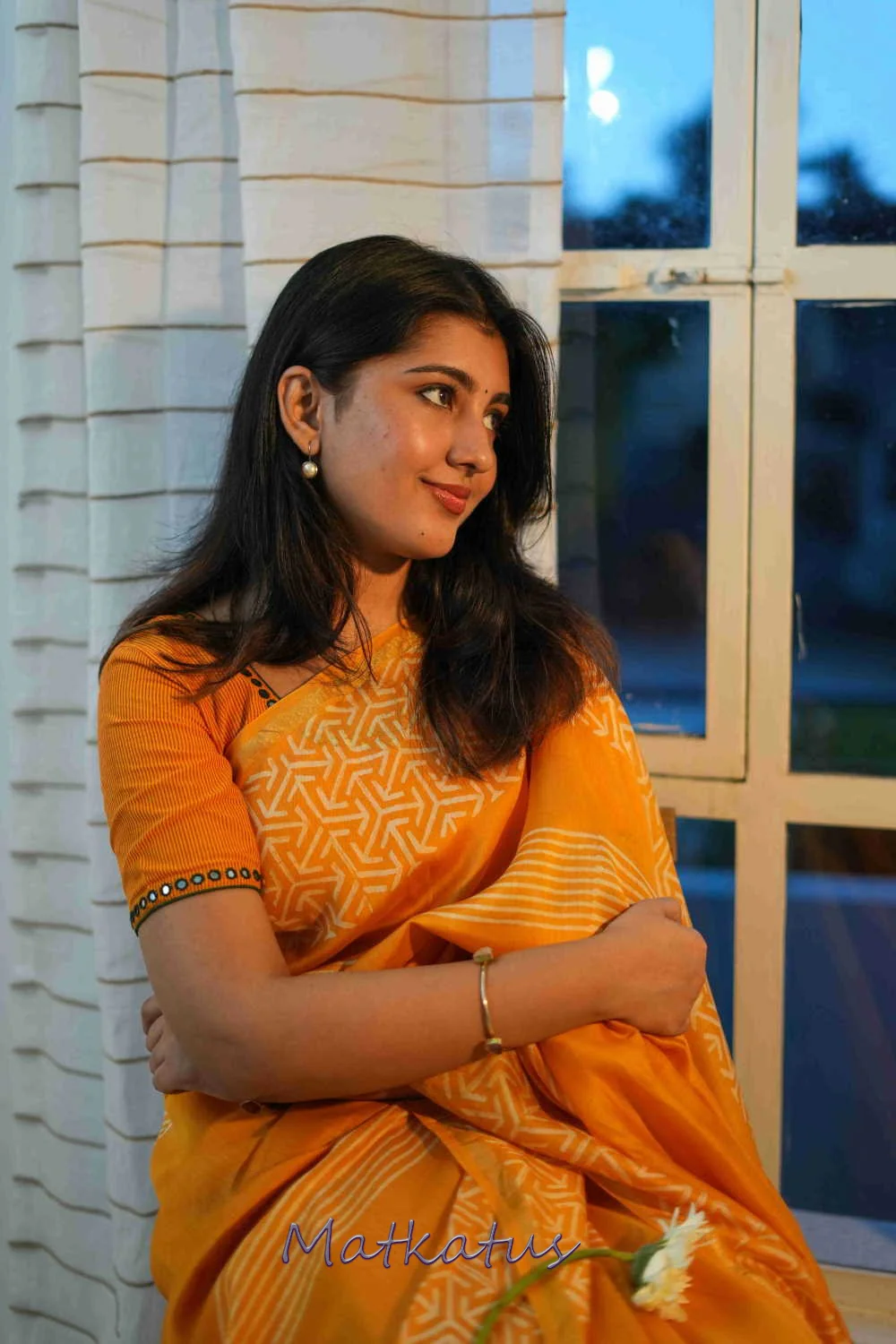 Yellowish Orange Block Printed Silk Cotton saree - Image 6