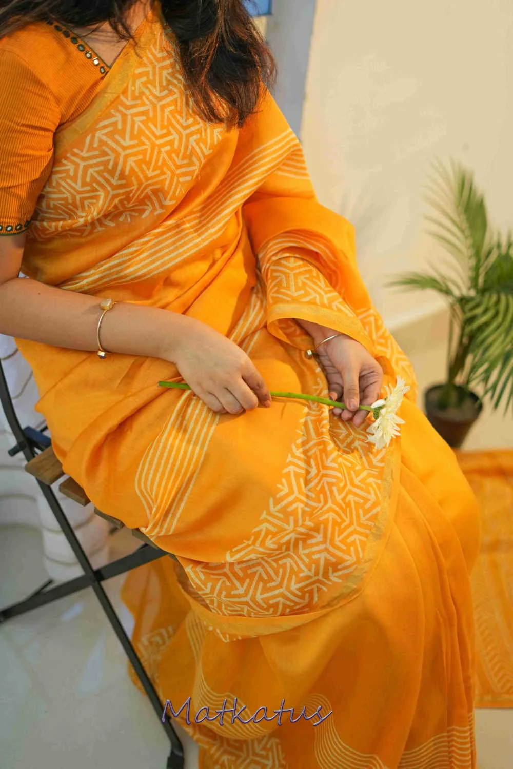 Yellowish Orange Block Printed Silk Cotton saree - Image 7