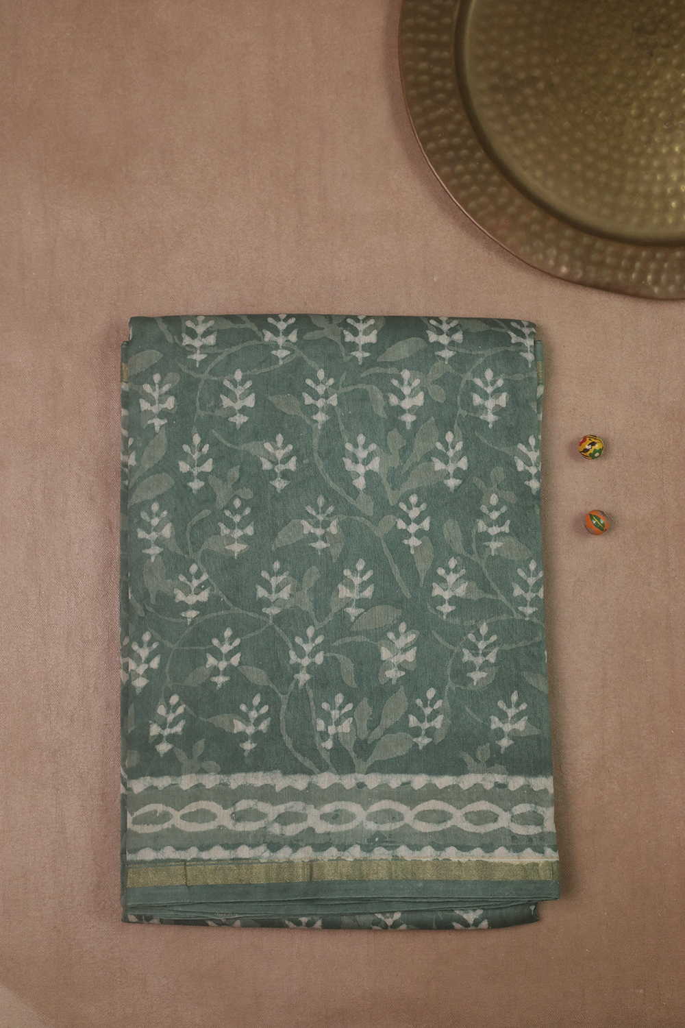 Cream Buttas on Green Block Printed Silk Cotton saree