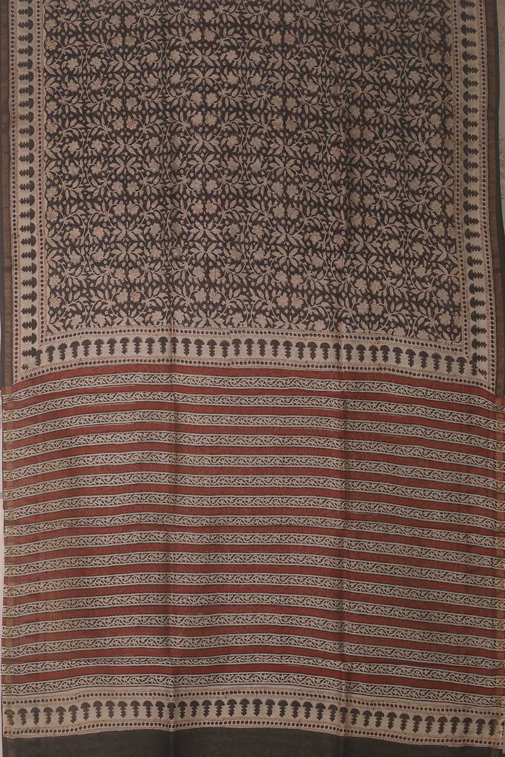 Black Block Printed Silk Cotton saree - Image 2