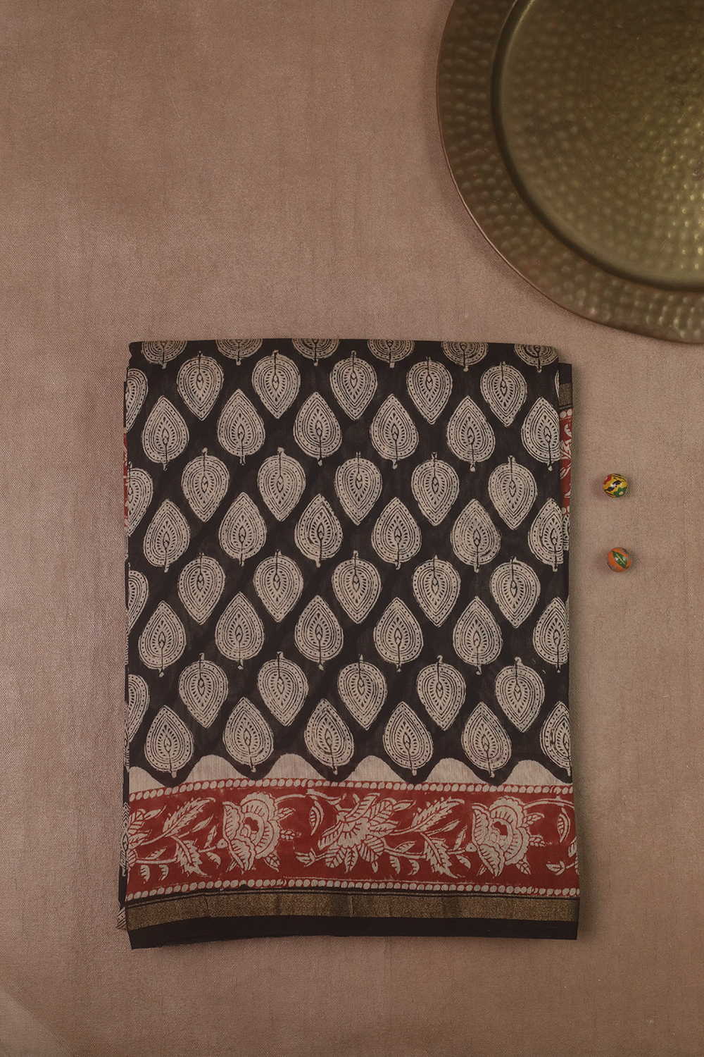 Leaf Butta on Black Block Printed Silk Cotton saree