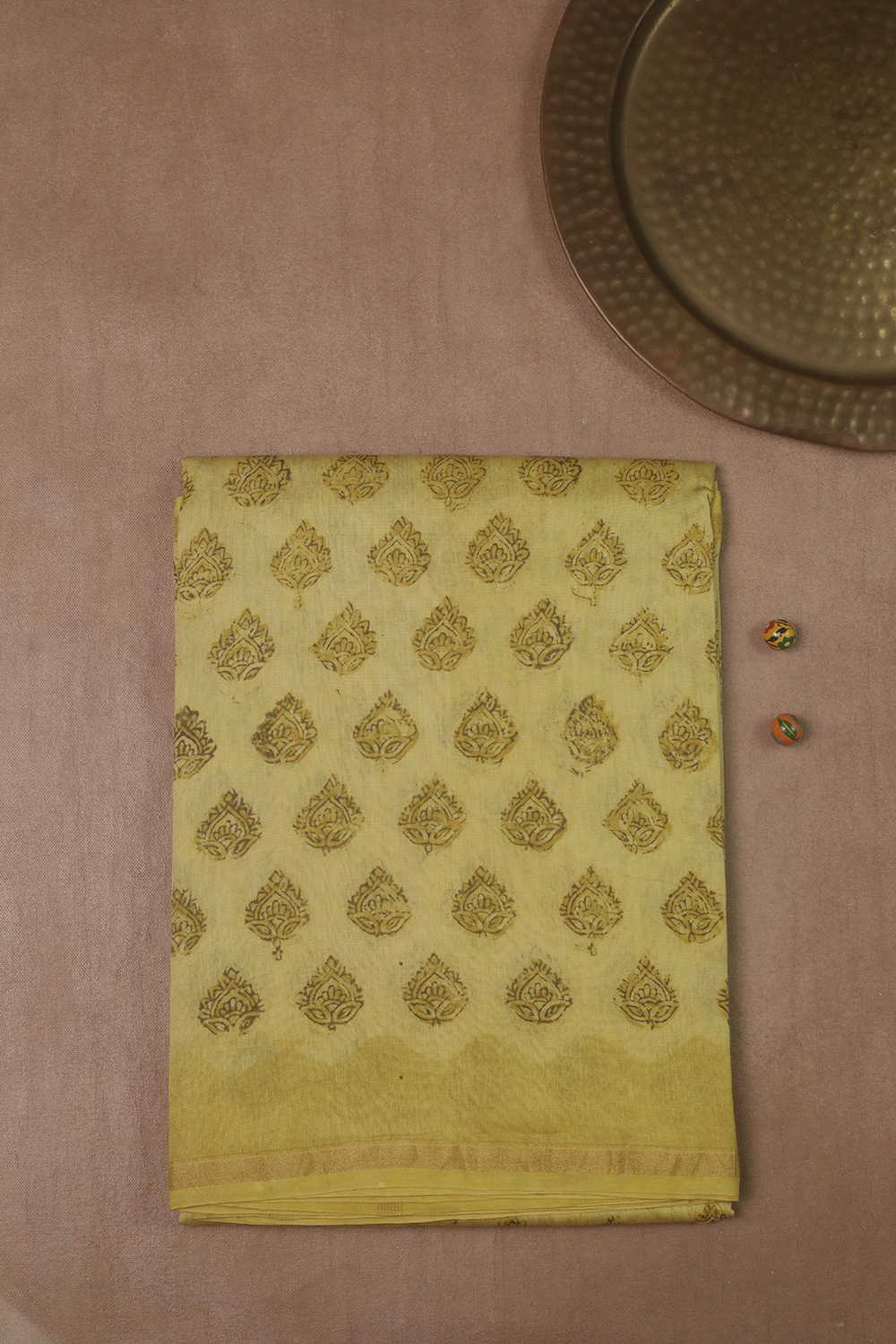 Medium Yellow Block Printed Silk Cotton saree