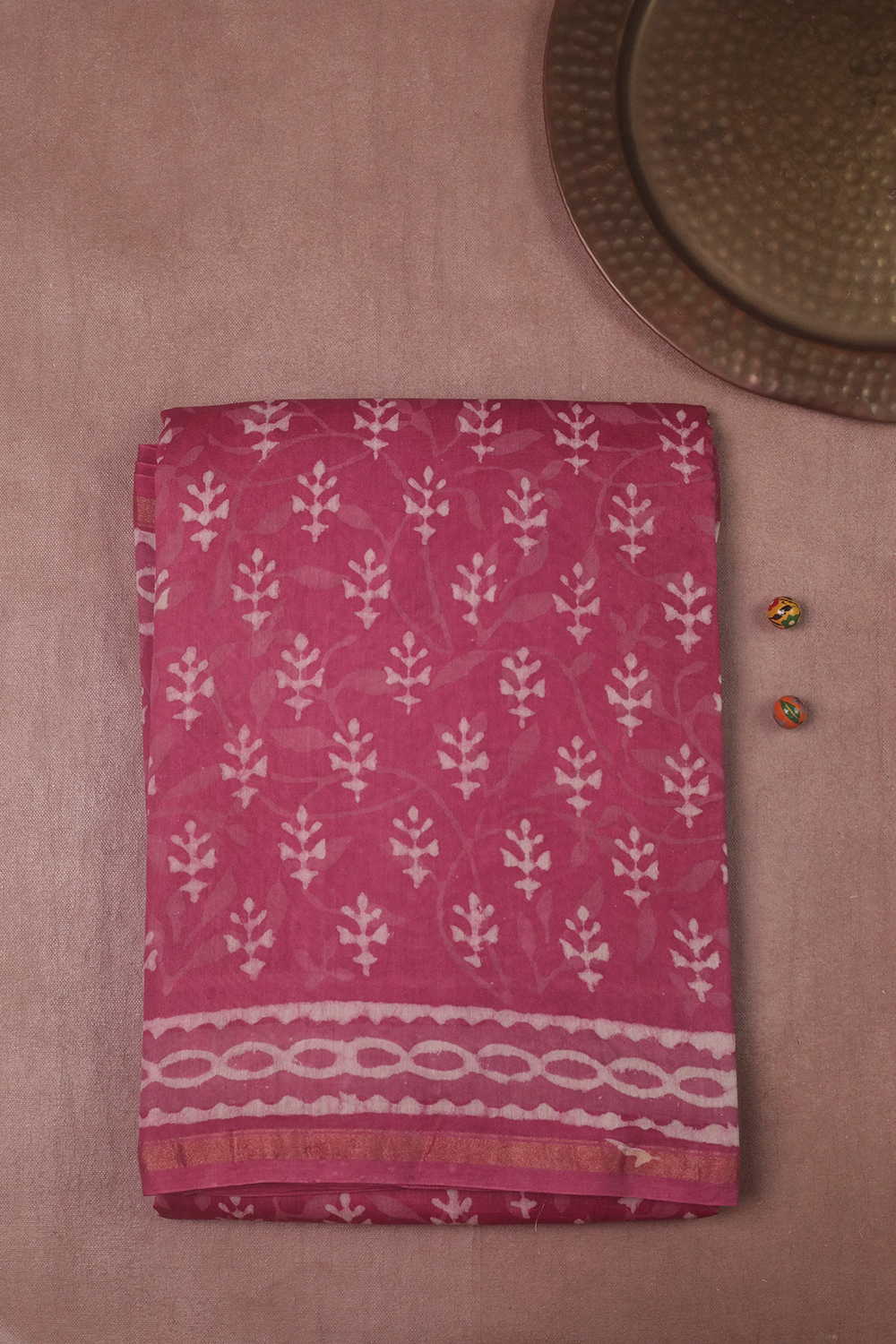 Cream Motifs on Pink Block Printed Silk Cotton saree