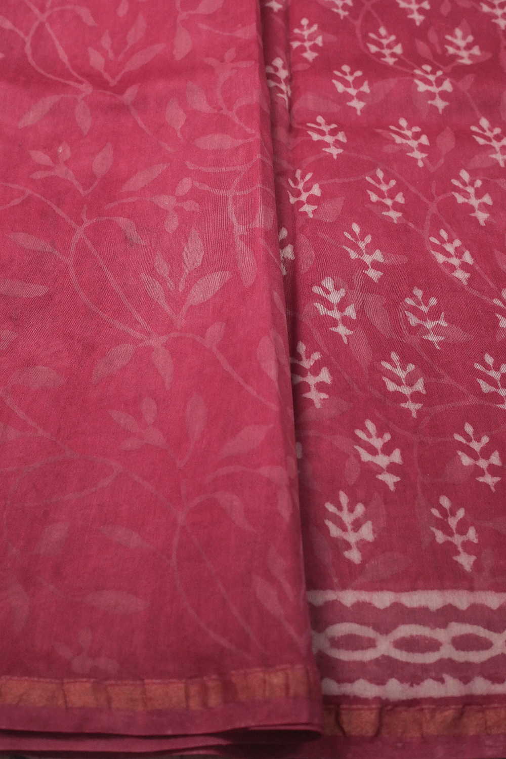 Cream Motifs on Pink Block Printed Silk Cotton saree - Image 4