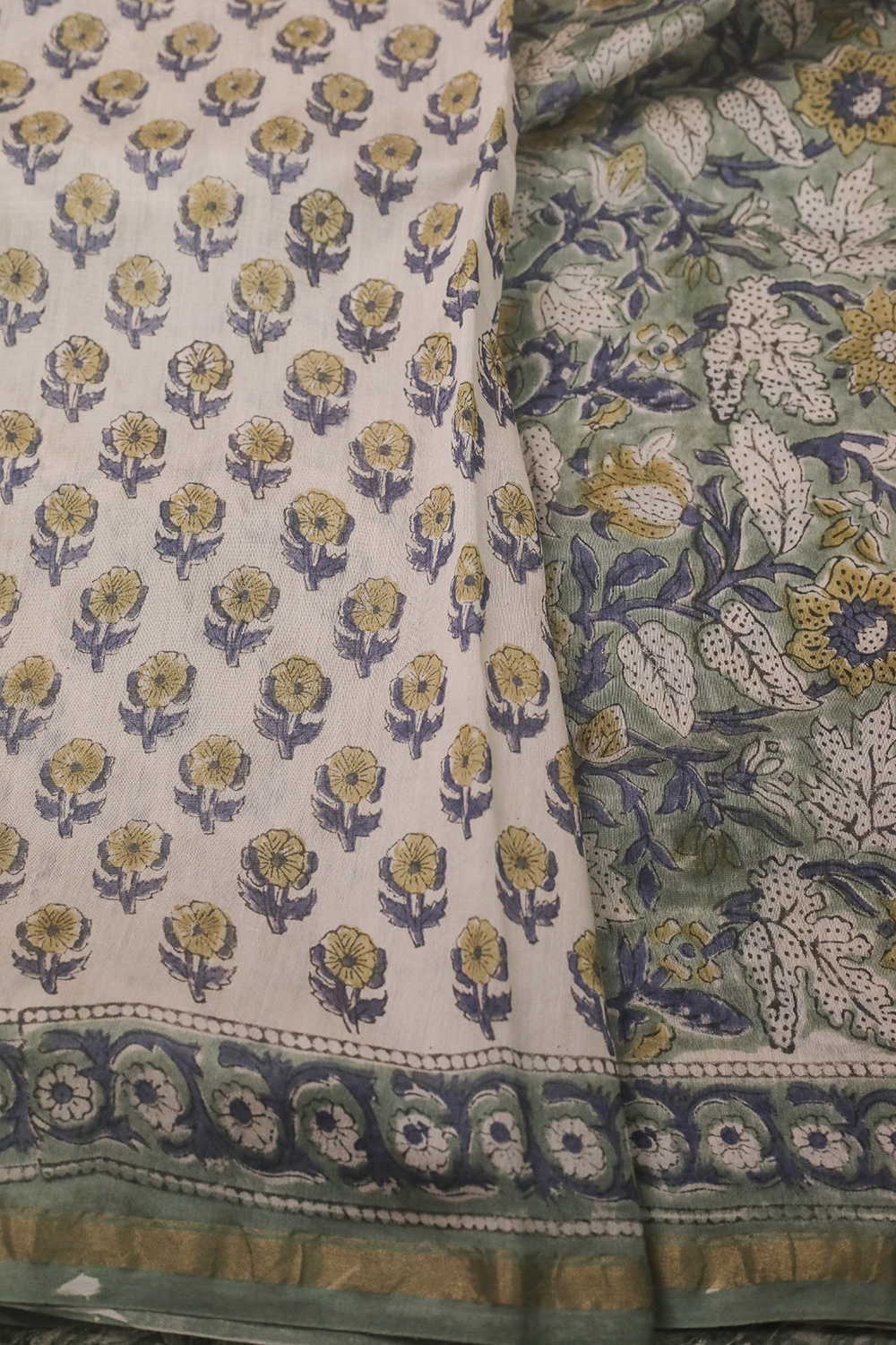 Floral Garden - Green Block Printed Silk Cotton saree - Image 4