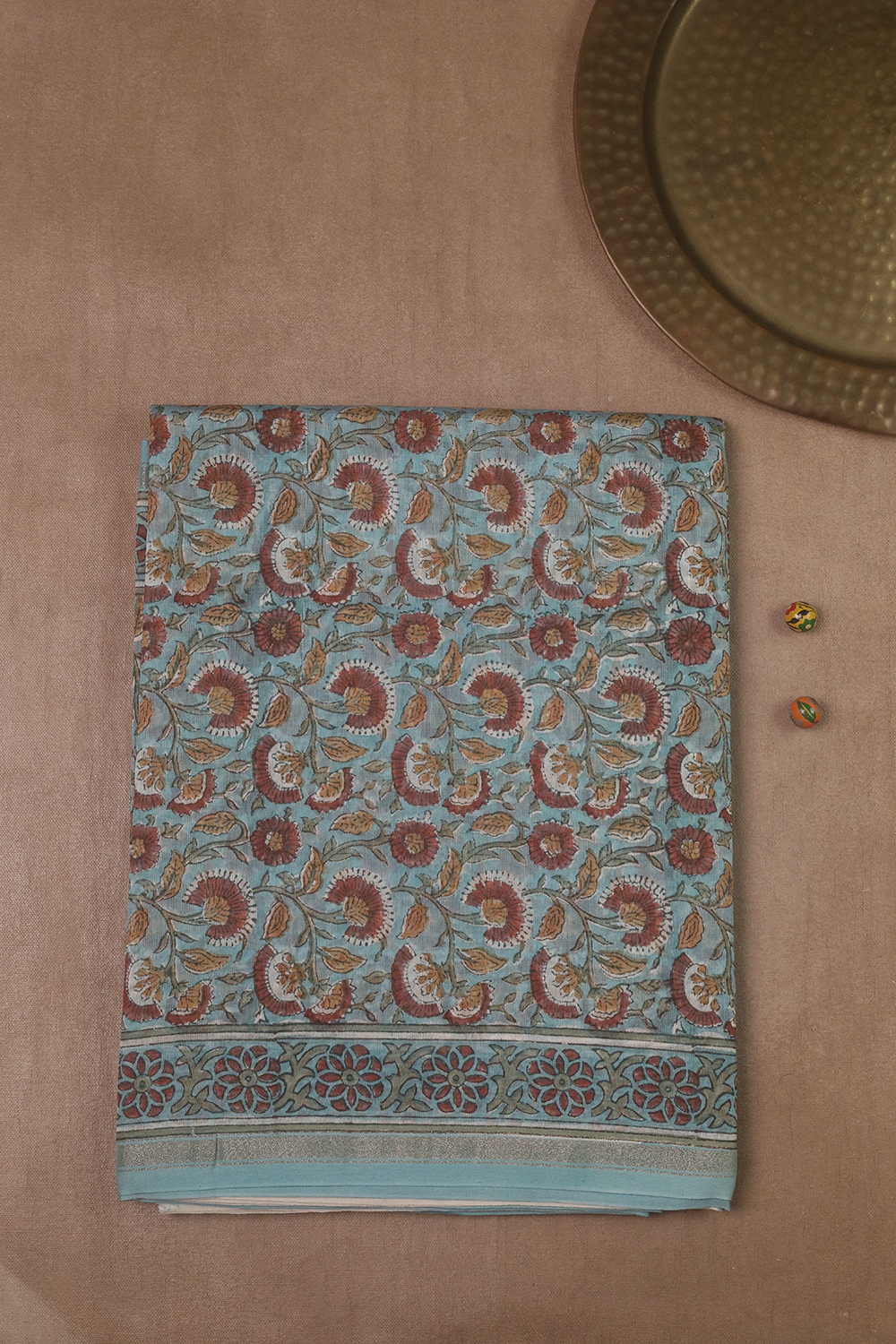 Glacier Blue Block Printed Silk Cotton saree