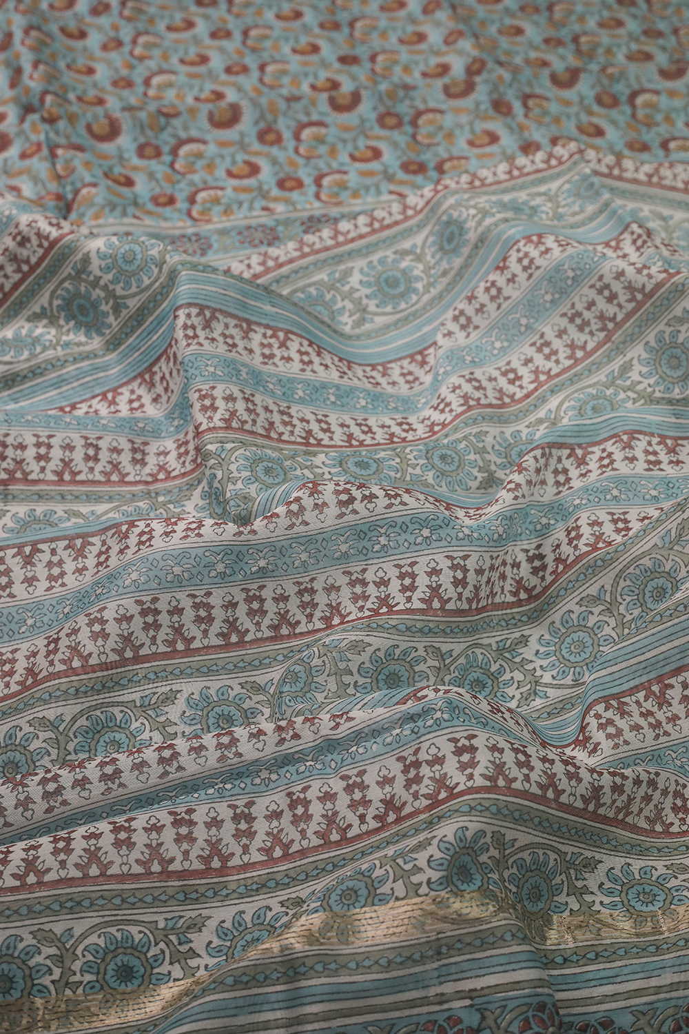 Glacier Blue Block Printed Silk Cotton saree - Image 3