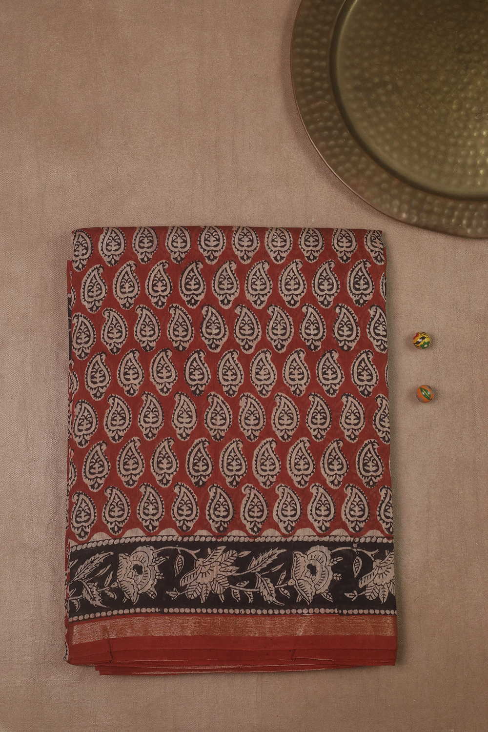 Paisley on Maroon Block Printed Silk Cotton saree