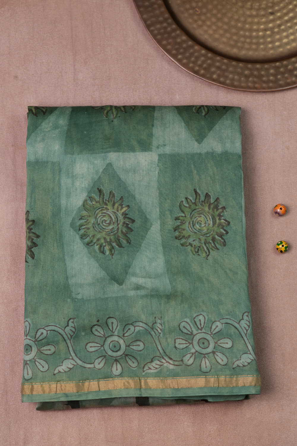 Vertical Design - Green Block Printed Silk Cotton saree