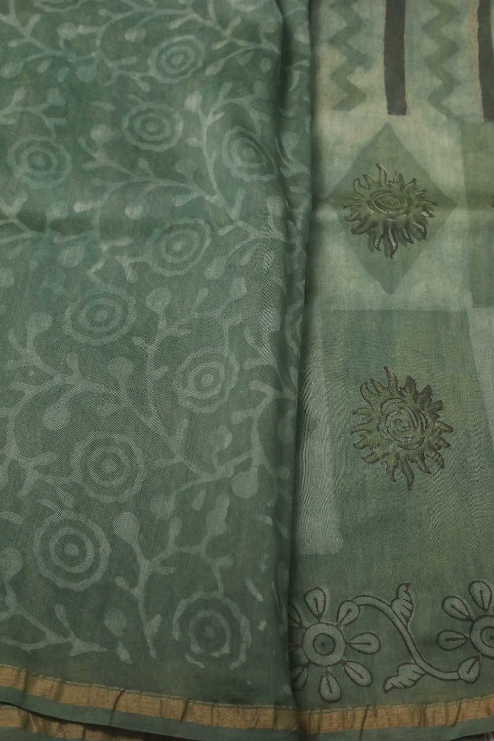Vertical Design - Green Block Printed Silk Cotton saree - Image 4