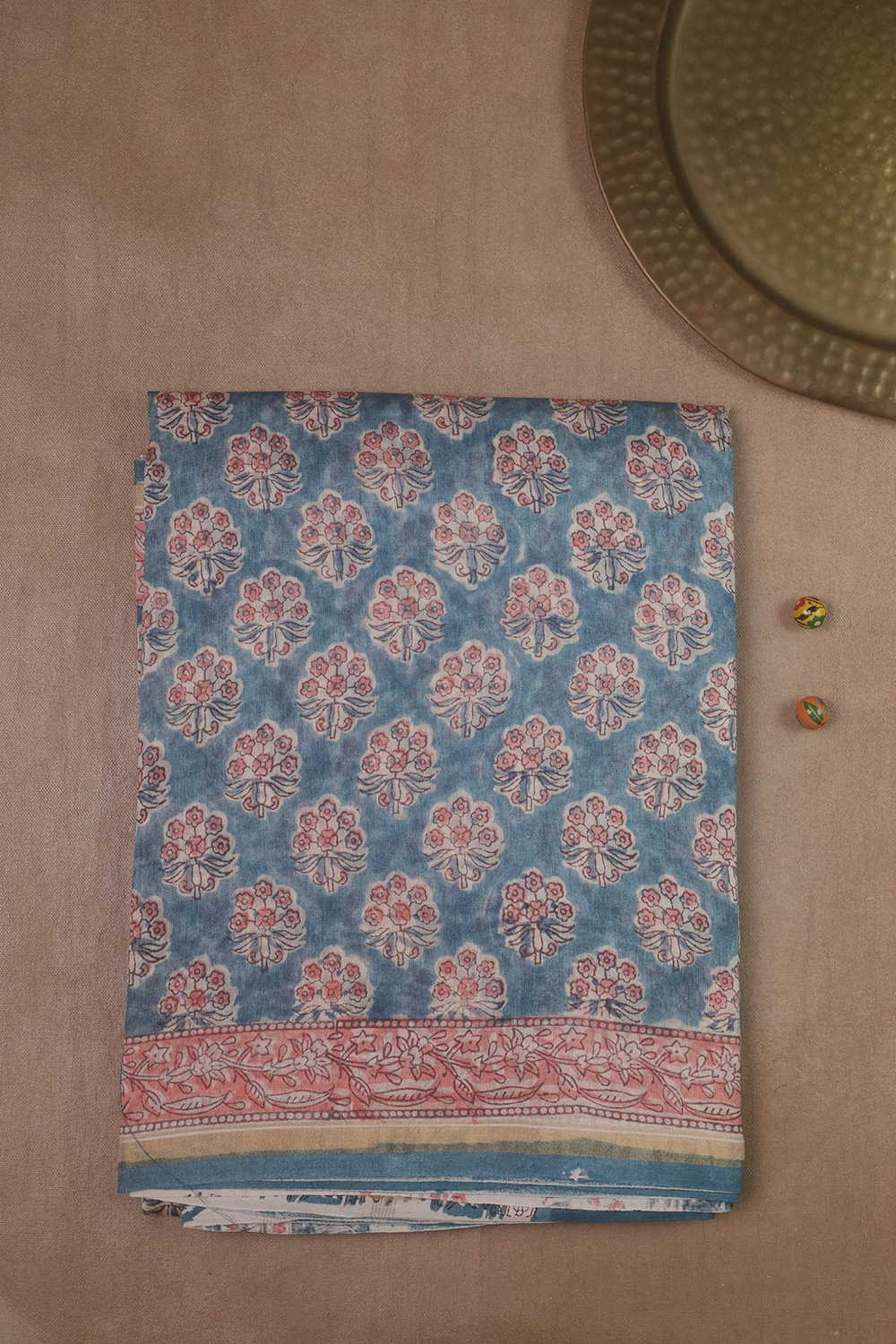 Dodger Blue Block Printed Silk Cotton saree