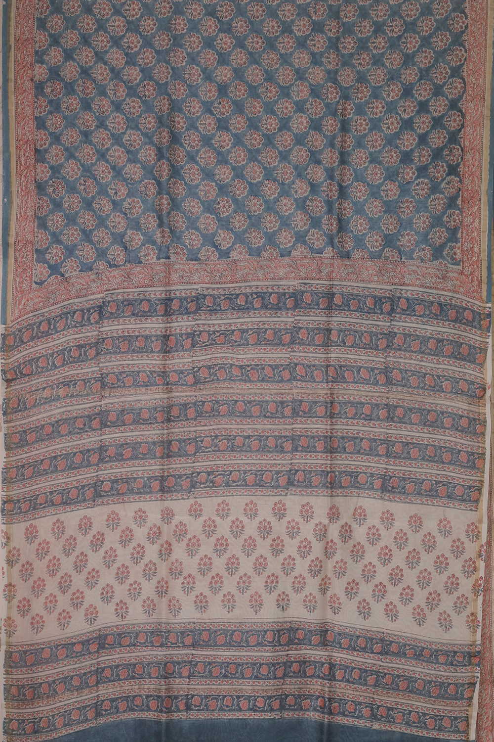 Dodger Blue Block Printed Silk Cotton saree - Image 2