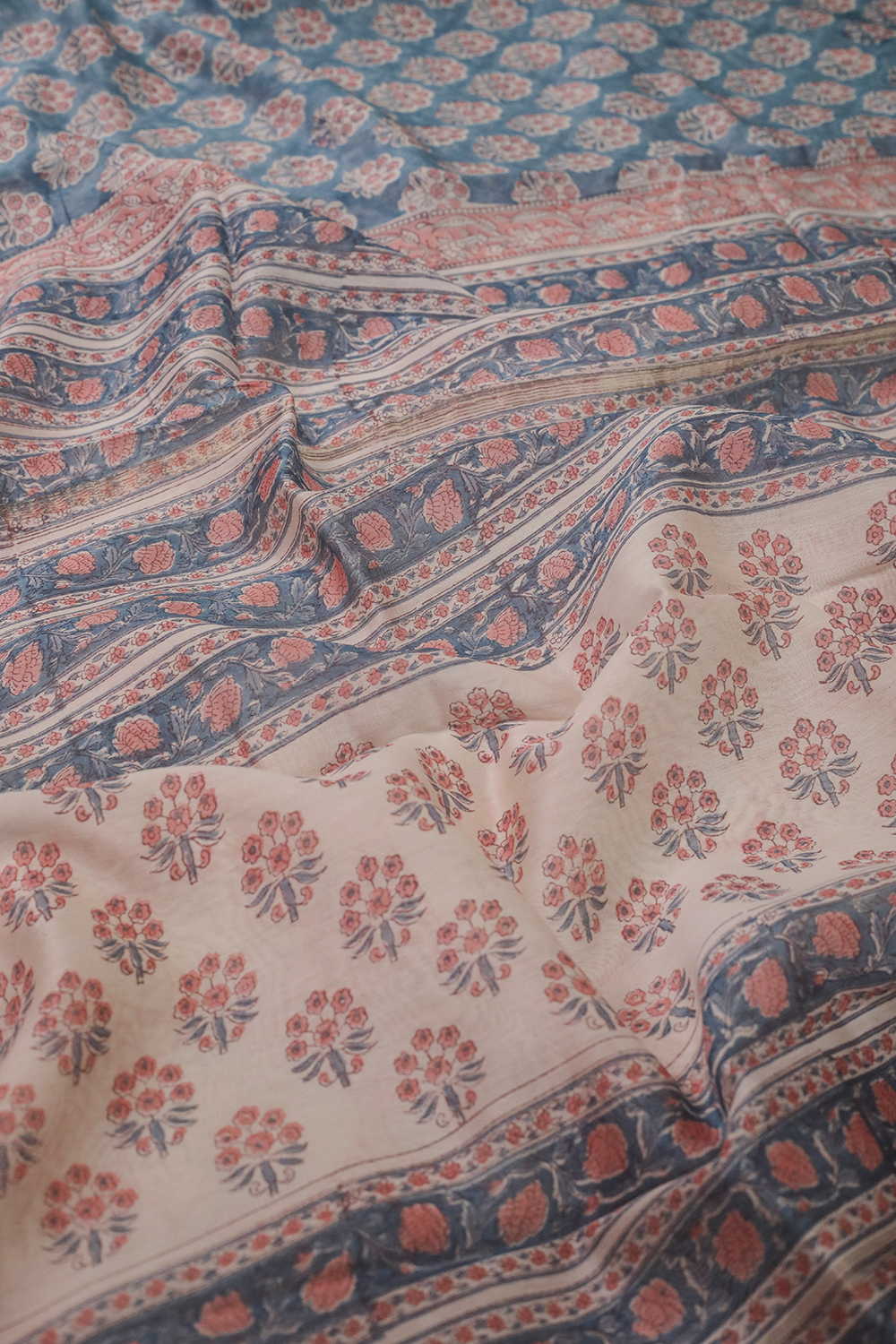 Dodger Blue Block Printed Silk Cotton saree - Image 3