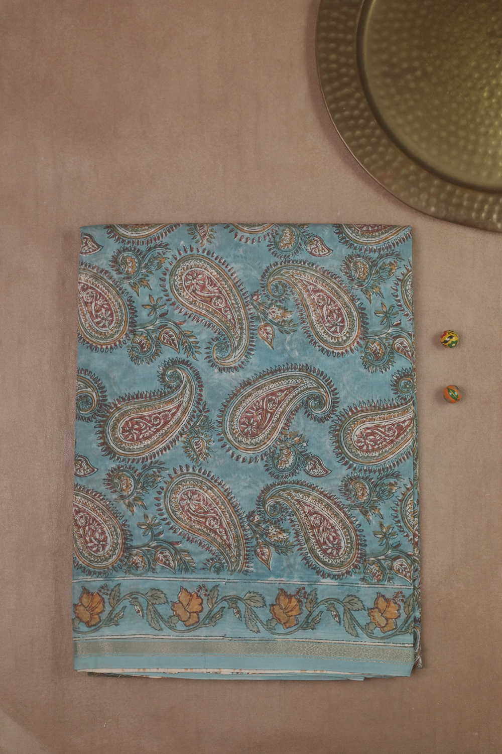 Celadon Blue Block Printed Silk Cotton saree