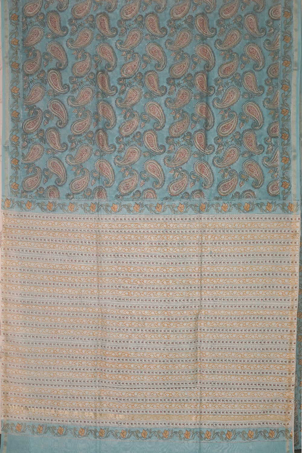 Celadon Blue Block Printed Silk Cotton saree - Image 2