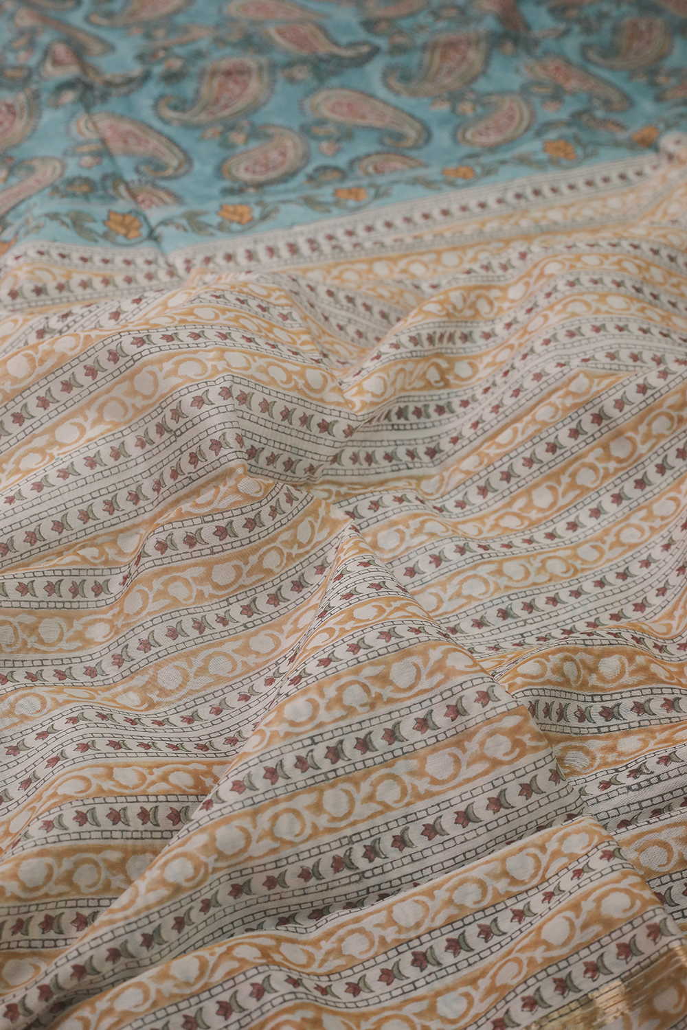 Celadon Blue Block Printed Silk Cotton saree - Image 3