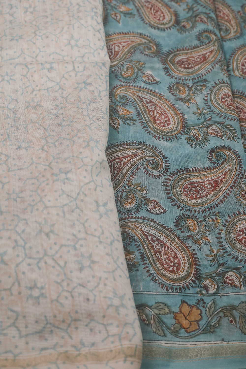 Celadon Blue Block Printed Silk Cotton saree - Image 4