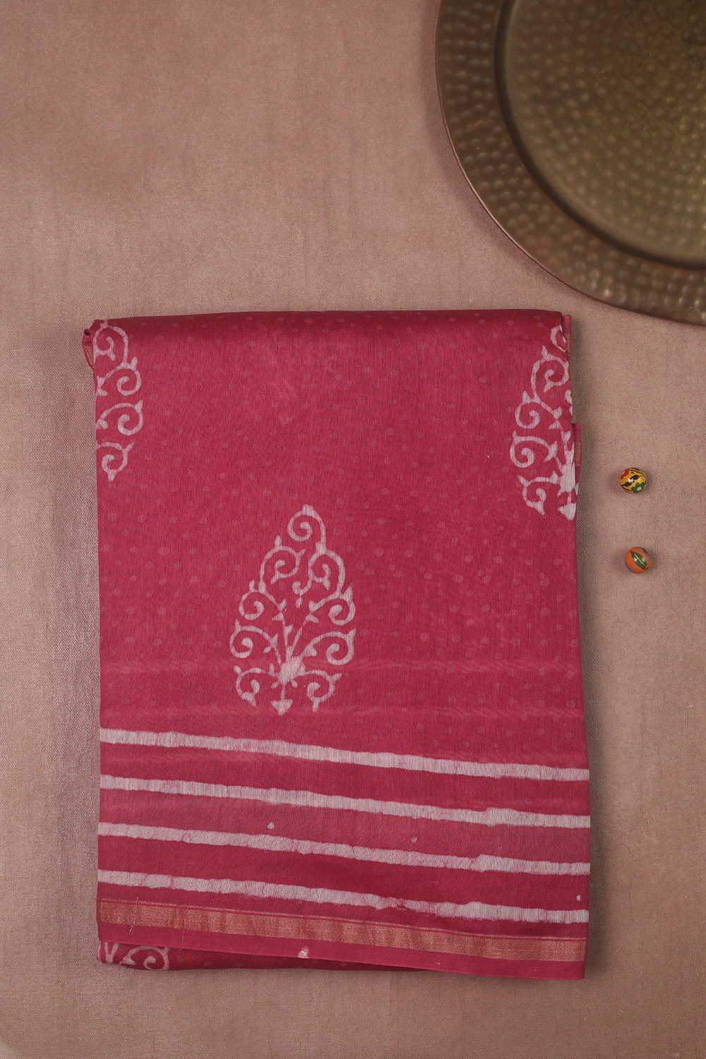 Dark Pink Block Printed Silk Cotton saree
