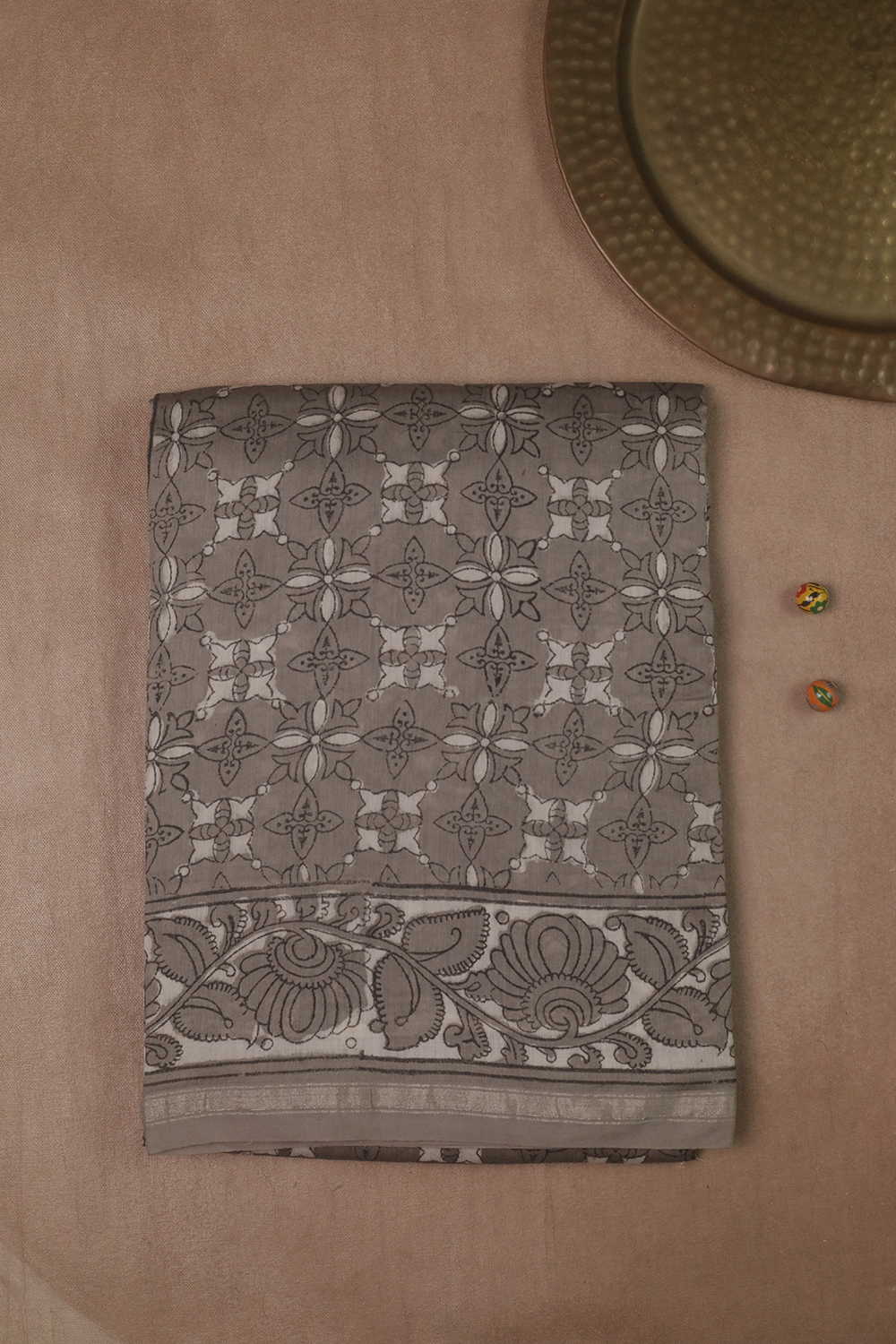 Symmetry Pattern - Grey Block Printed Silk Cotton saree