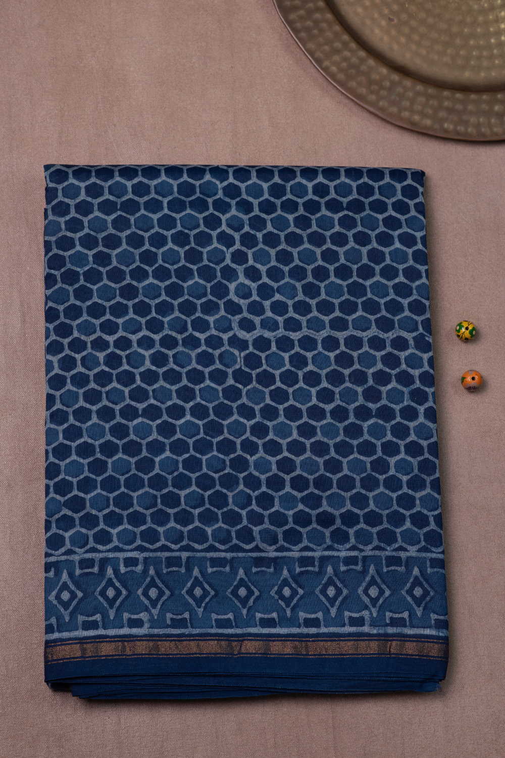 Indigo Grid Story Block Printed Chanderi Silk Cotton saree