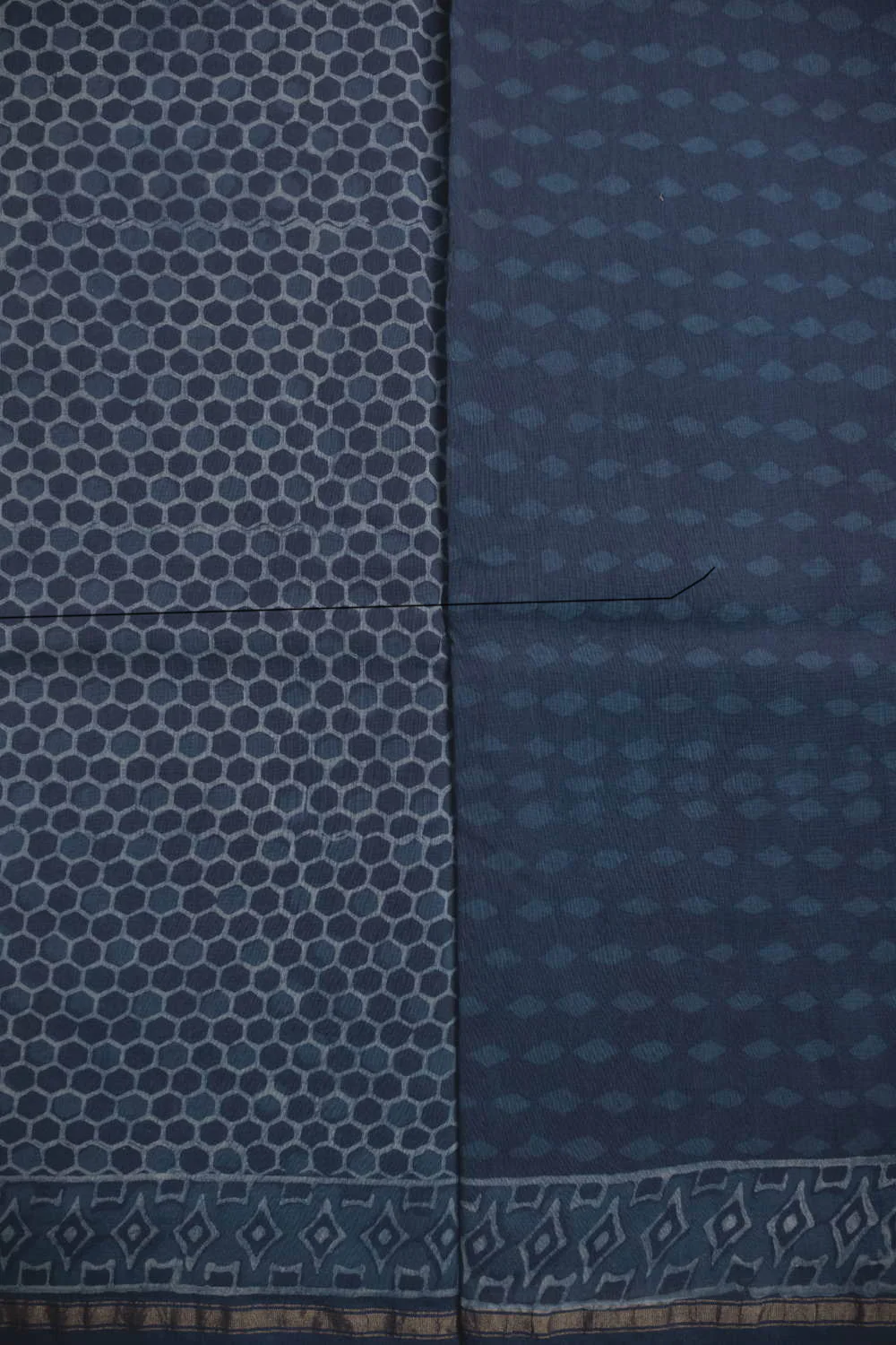 Indigo Grid Story Block Printed Chanderi Silk Cotton saree - Image 4