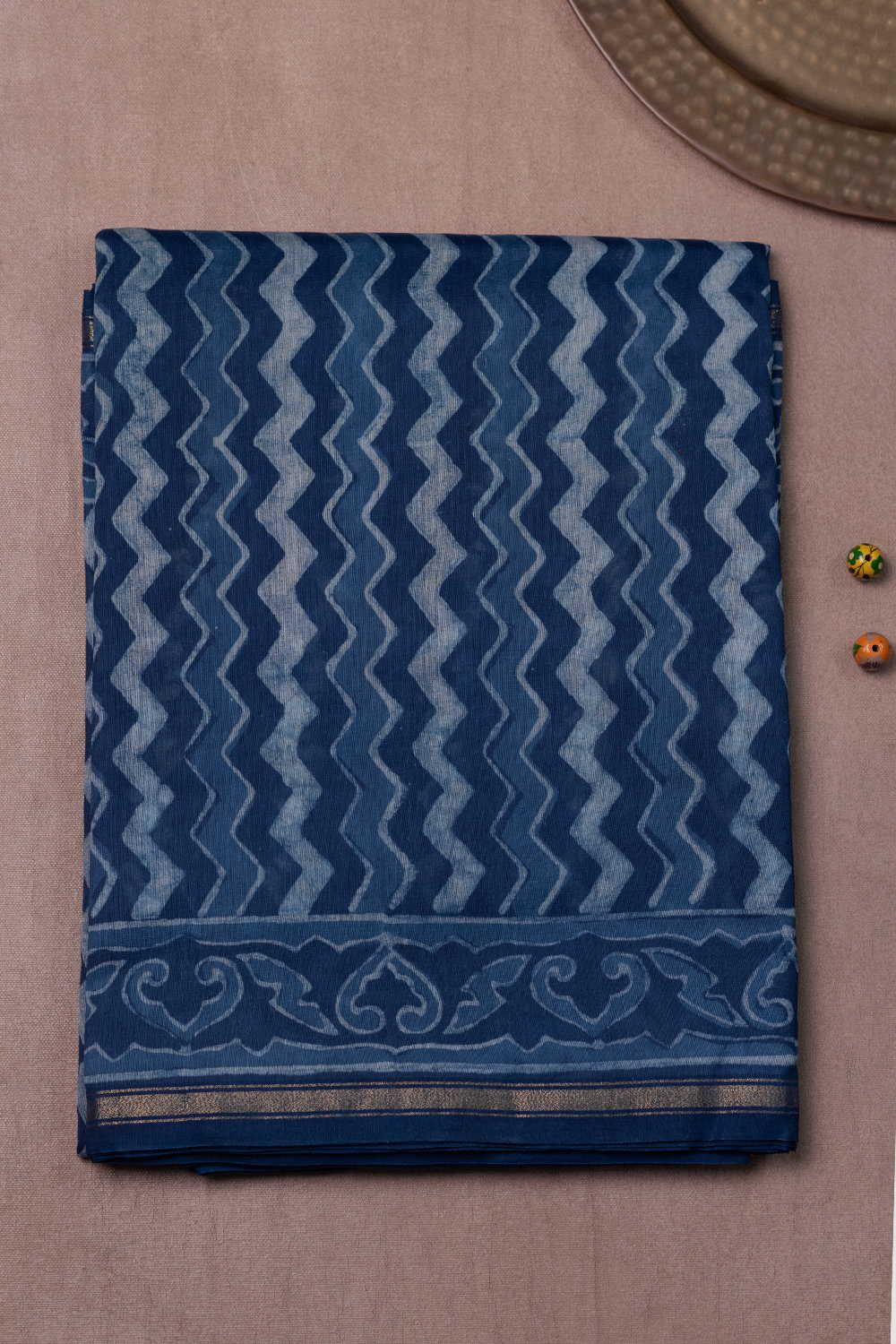 Chevron - Indigo Block Printed Chanderi Silk Cotton saree