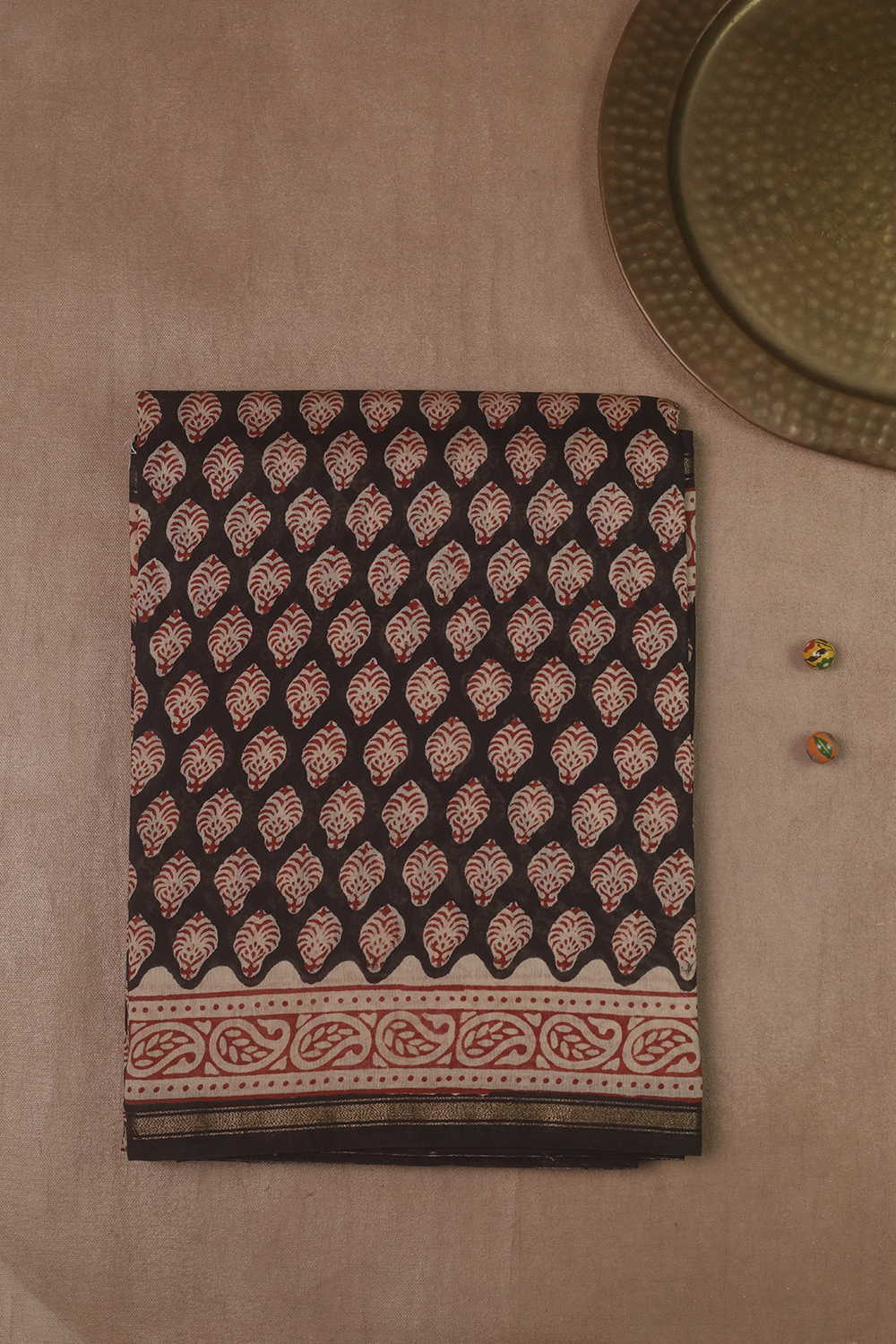 Cream Blossom - Black Block Printed Silk Cotton saree