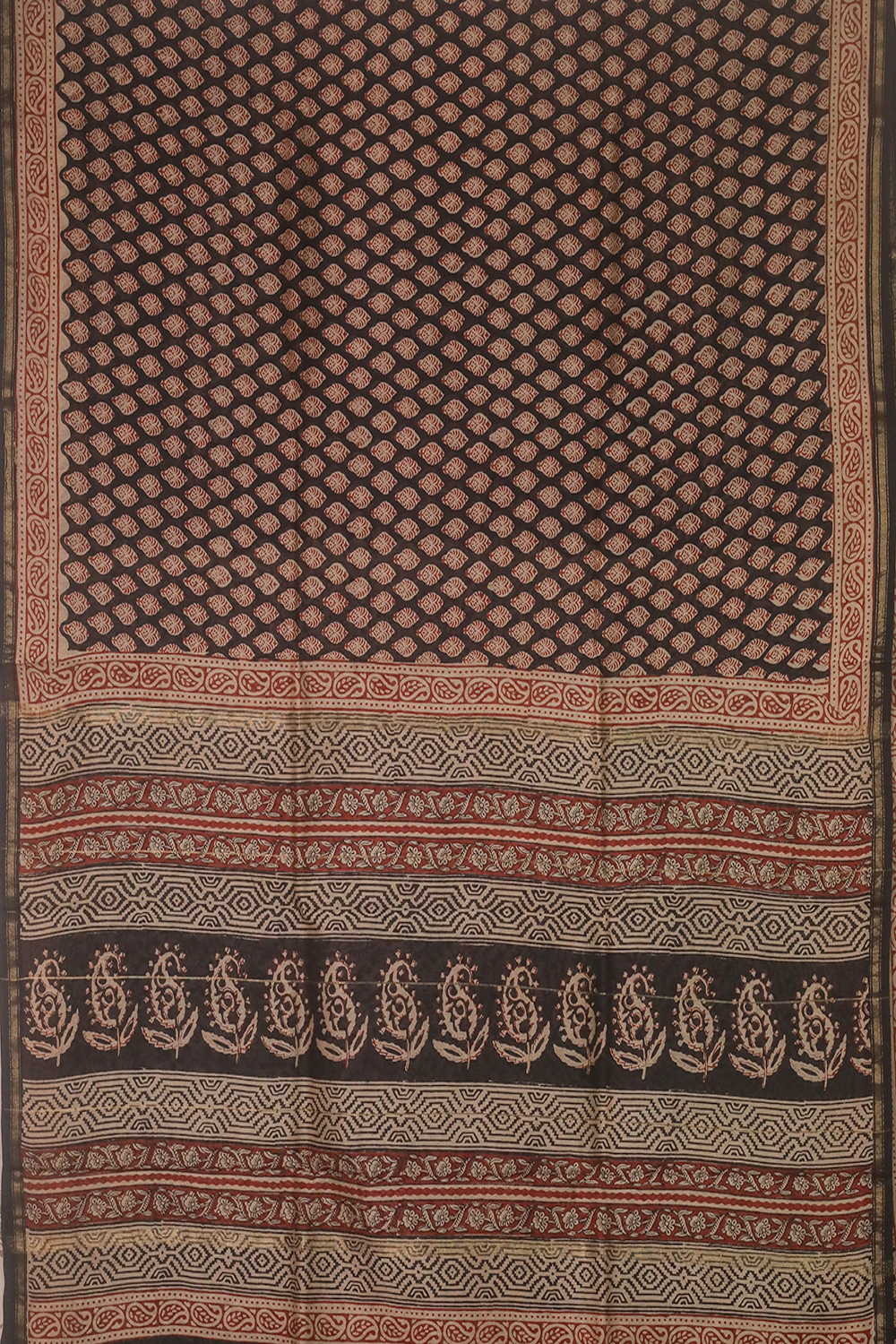 Cream Blossom - Black Block Printed Silk Cotton saree - Image 2