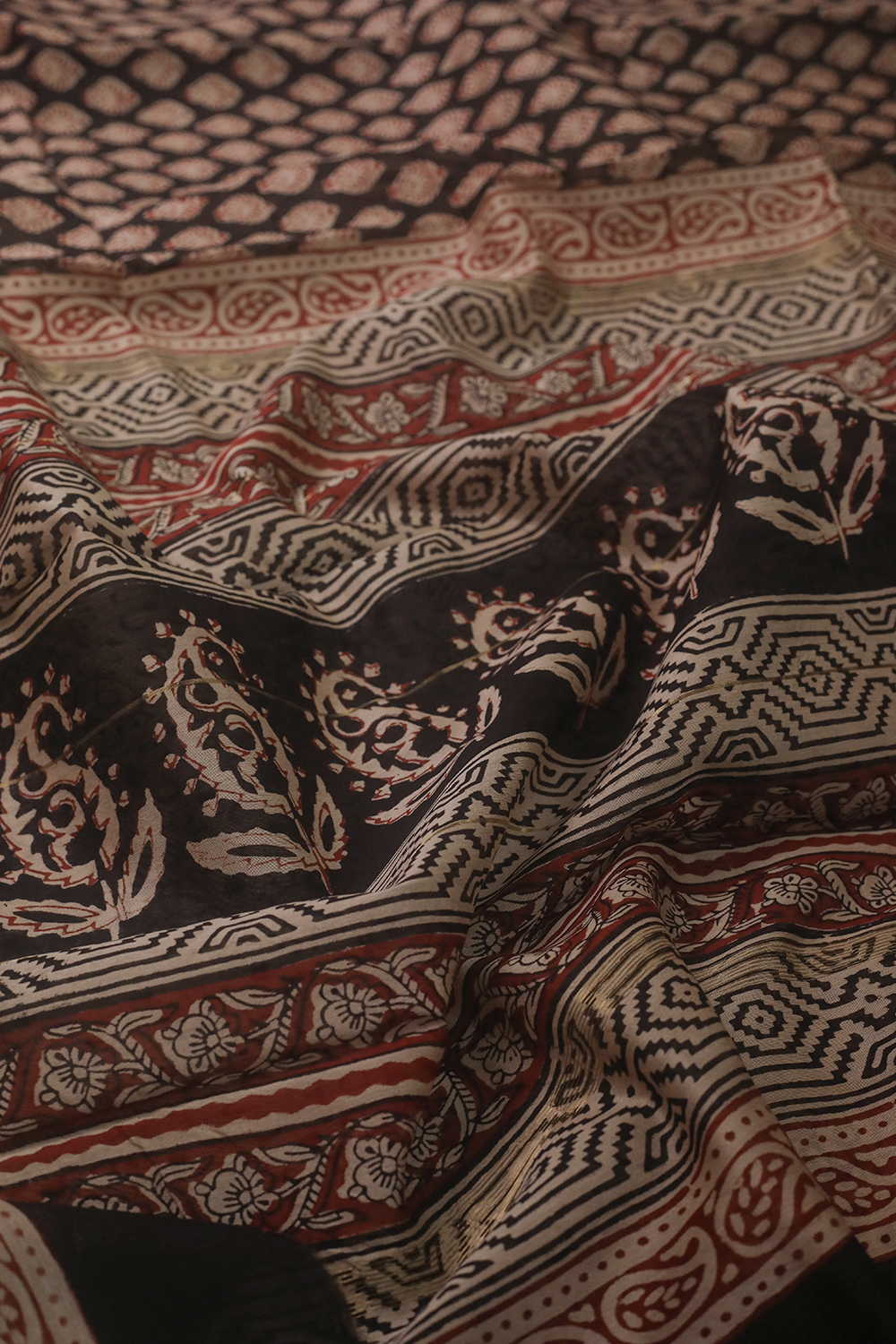Cream Blossom - Black Block Printed Silk Cotton saree - Image 3
