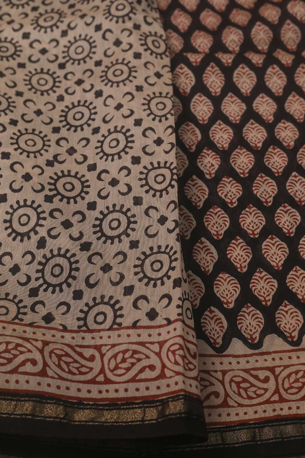 Cream Blossom - Black Block Printed Silk Cotton saree - Image 4