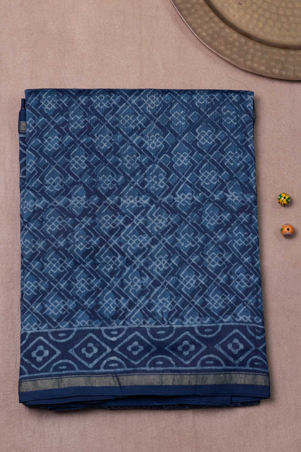 Geometry Indigo Block Printed Chanderi Silk Cotton saree