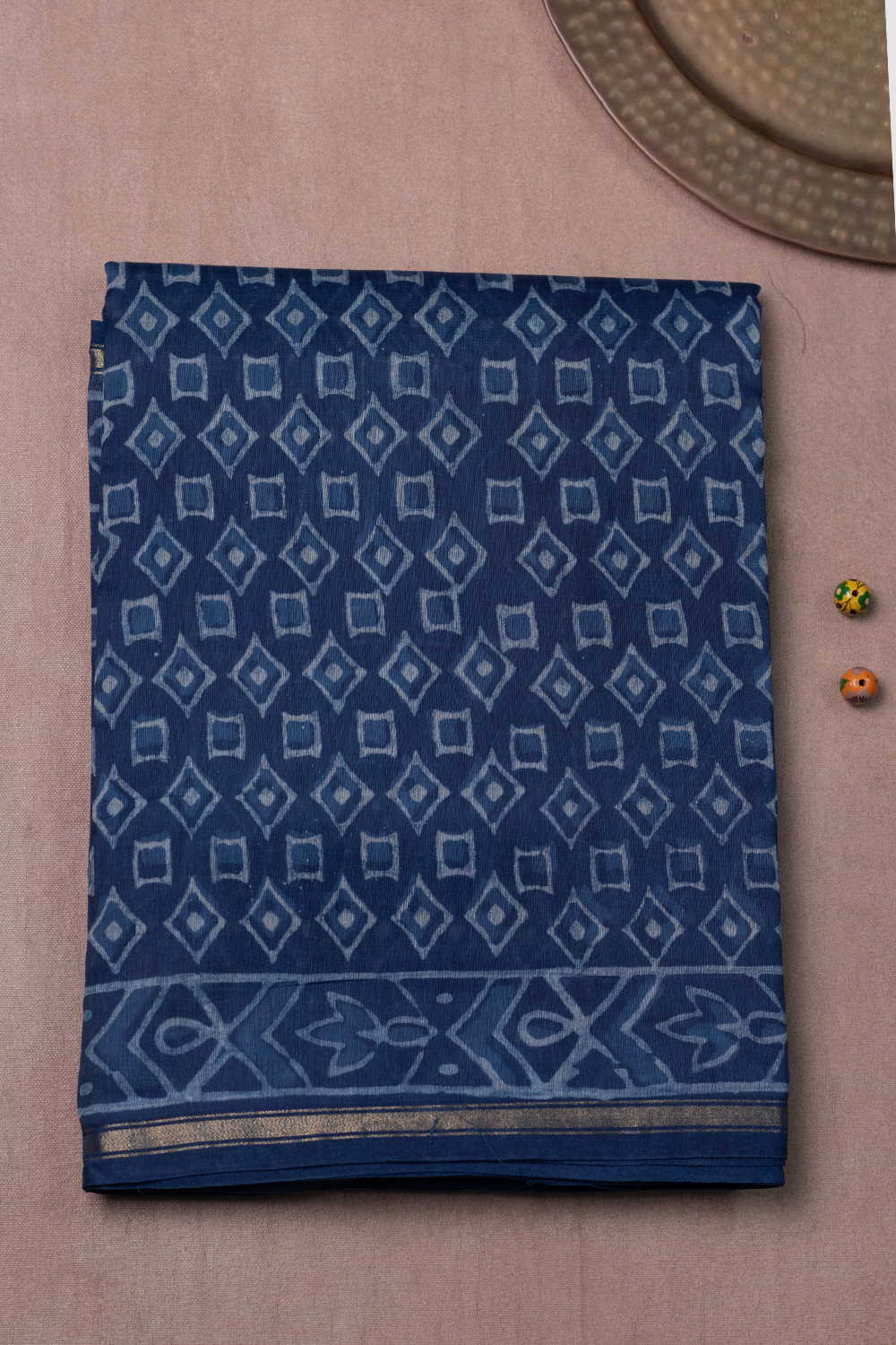 Gridline Indigo Block Printed Chanderi Silk Cotton saree