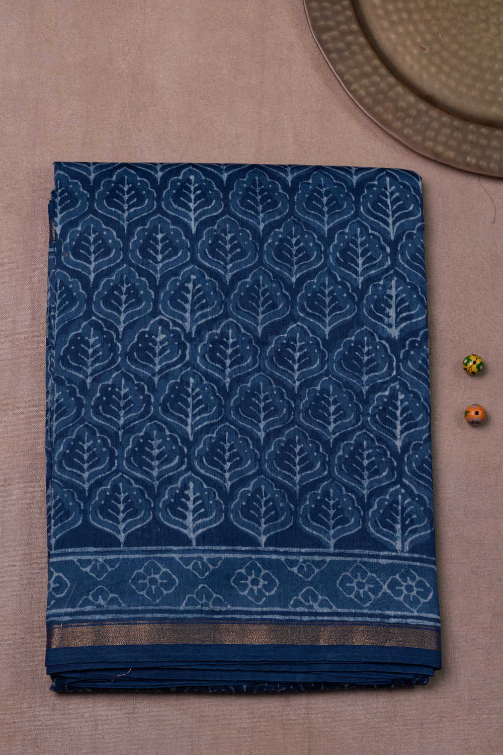 Zari Border - Indigo Block Printed Chanderi Silk Cotton saree