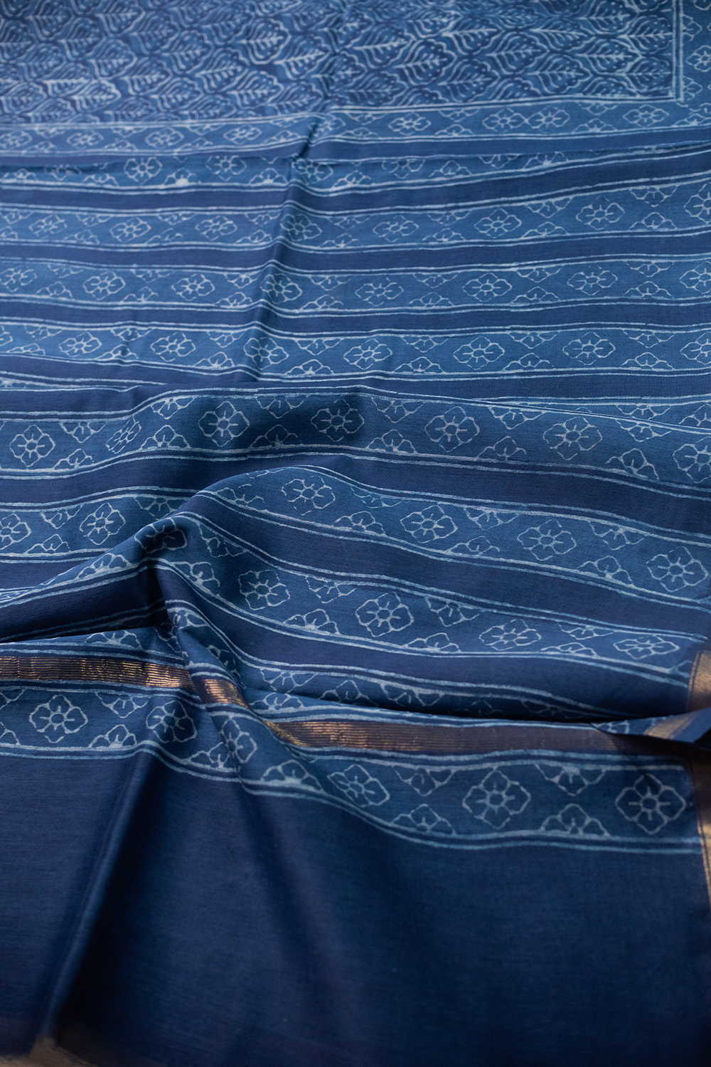 Zari Border - Indigo Block Printed Chanderi Silk Cotton saree - Image 3
