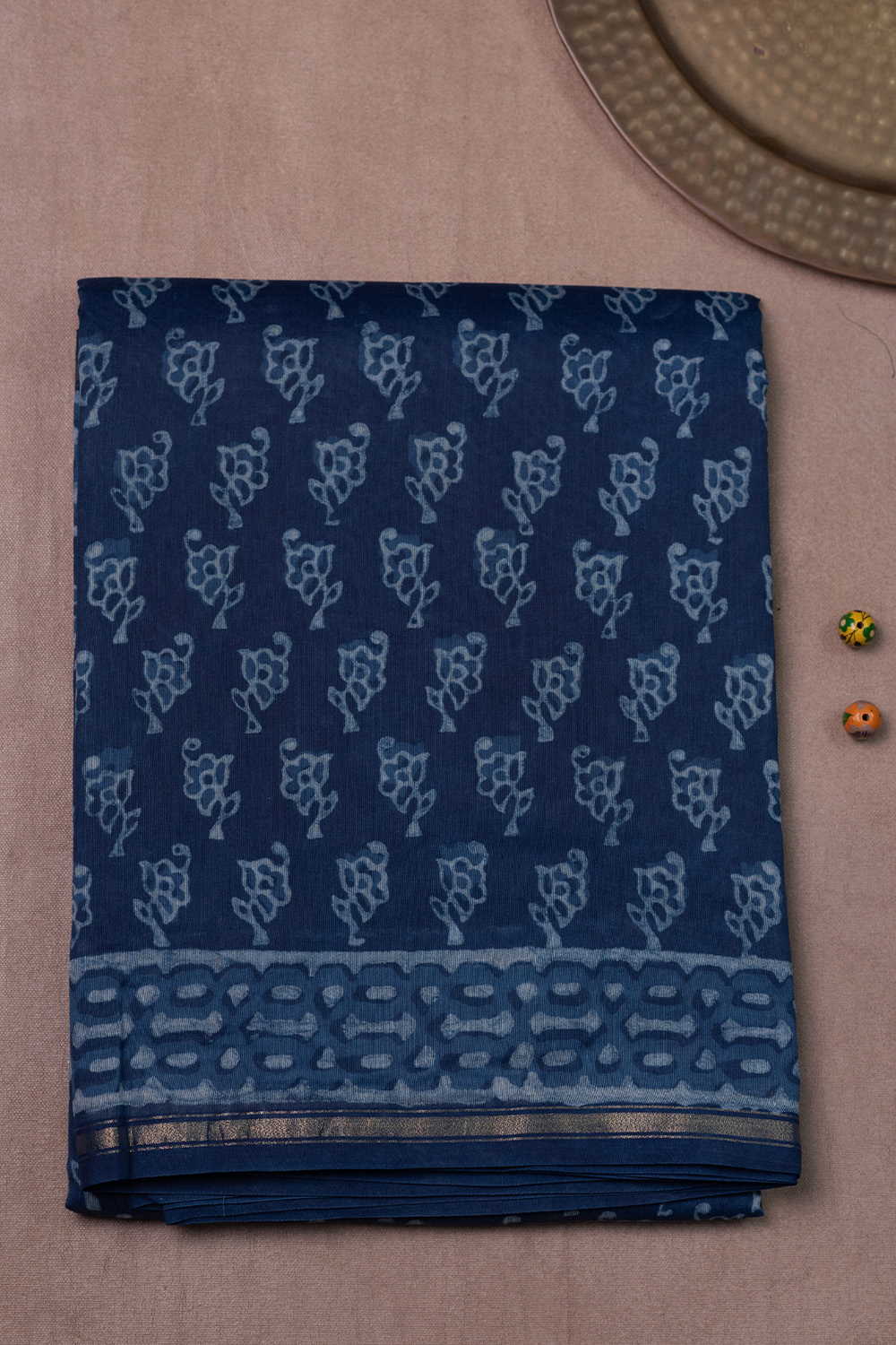 Motifs - Indigo Block Printed Chanderi Silk Cotton saree