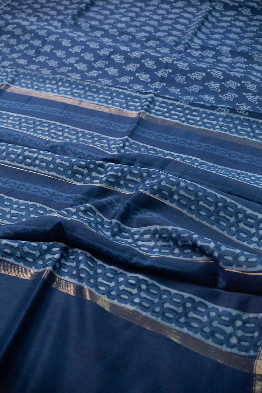 Motifs - Indigo Block Printed Chanderi Silk Cotton saree - Image 3