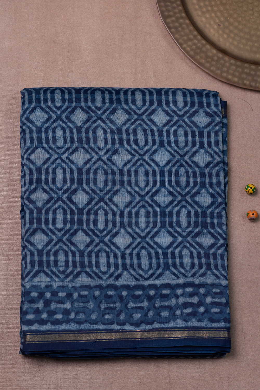 Misty Indigo Block Printed Chanderi Silk Cotton saree