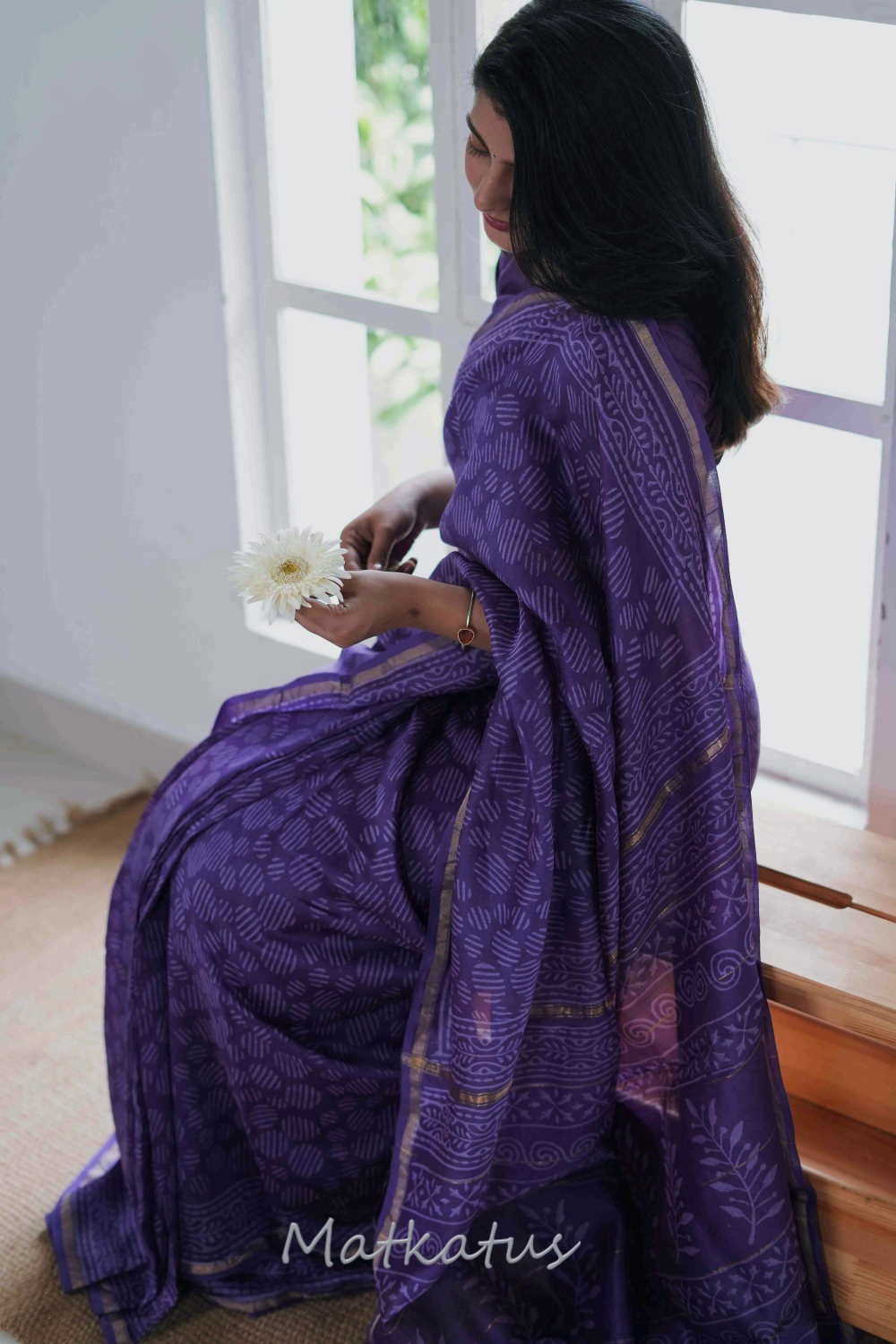 Dark Violet Block Printed Silk Cotton saree - Image 4