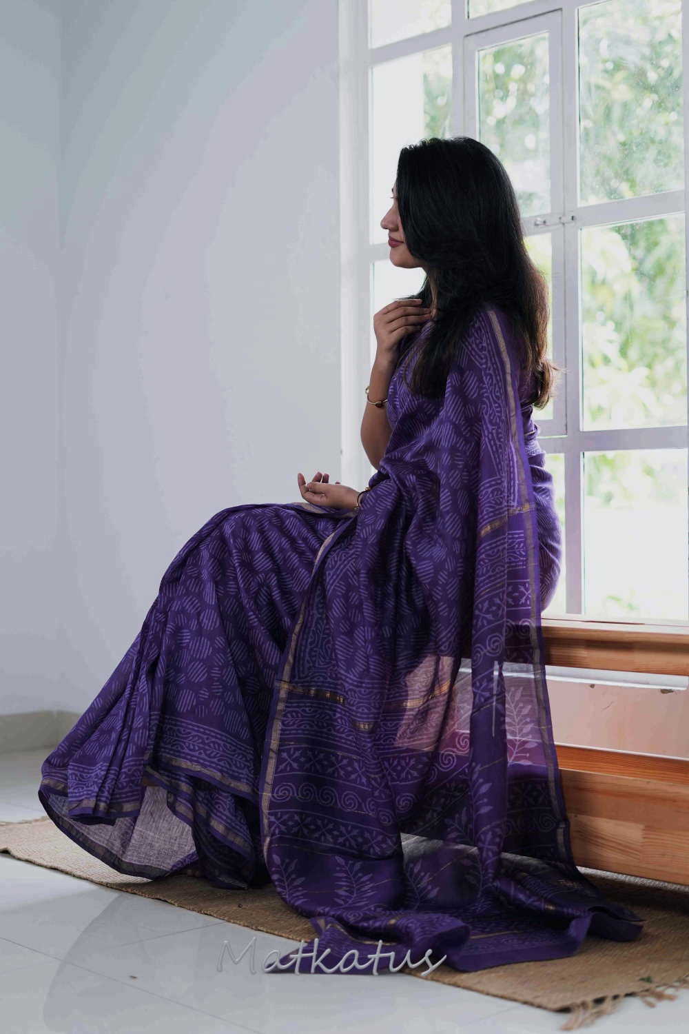 Dark Violet Block Printed Silk Cotton saree - Image 5
