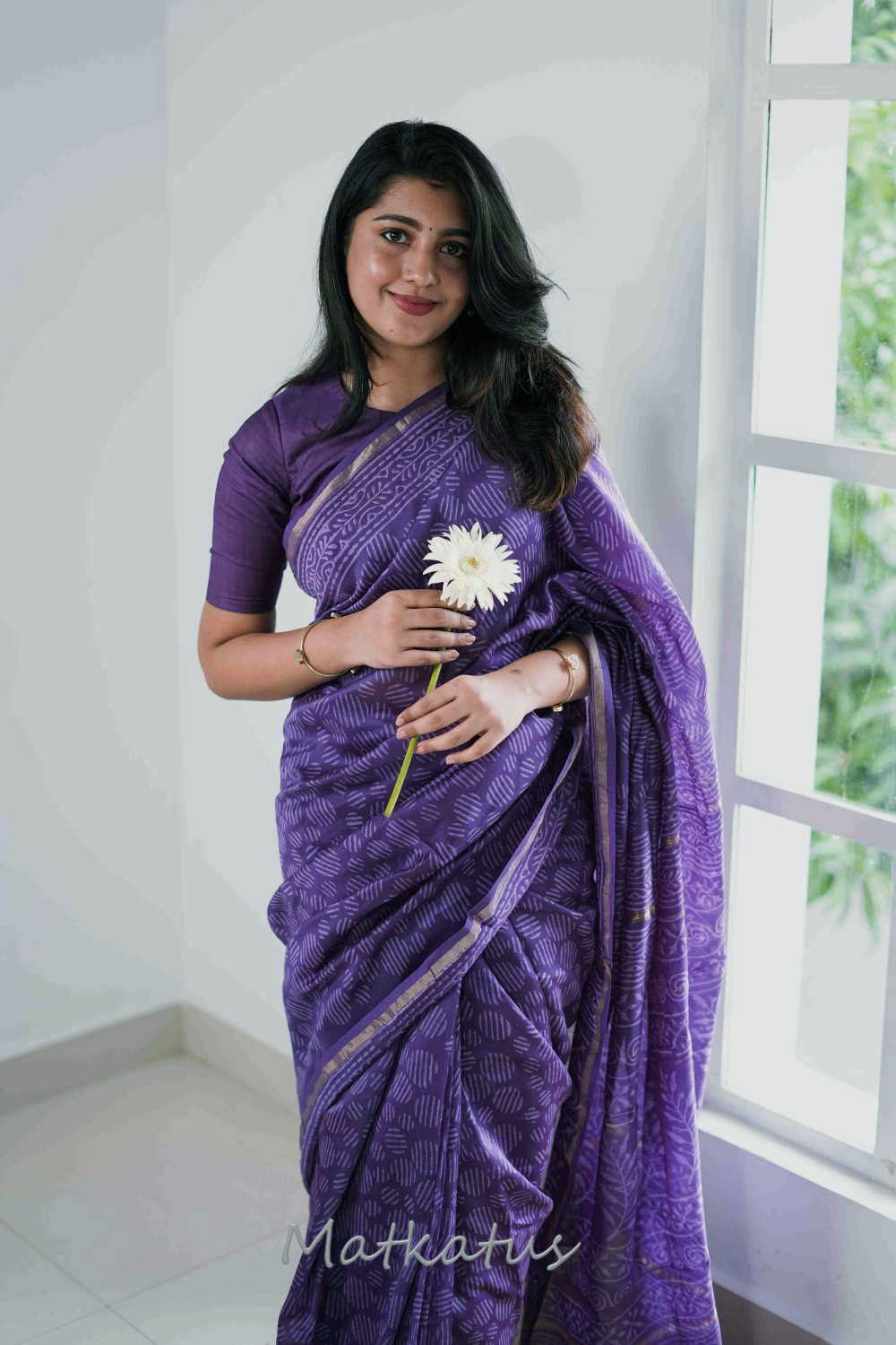 Dark Violet Block Printed Silk Cotton saree - Image 6