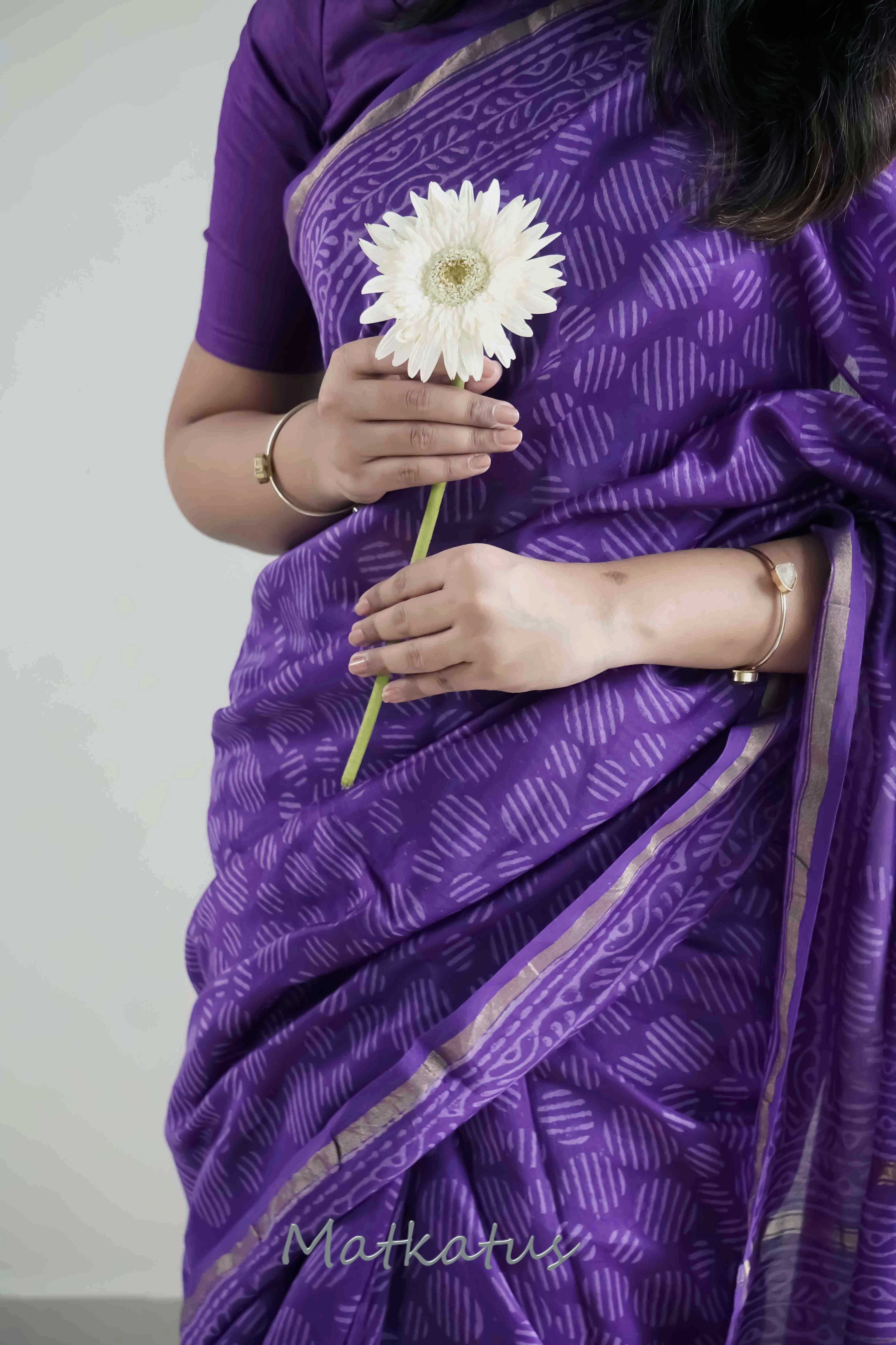Dark Violet Block Printed Silk Cotton saree - Image 7