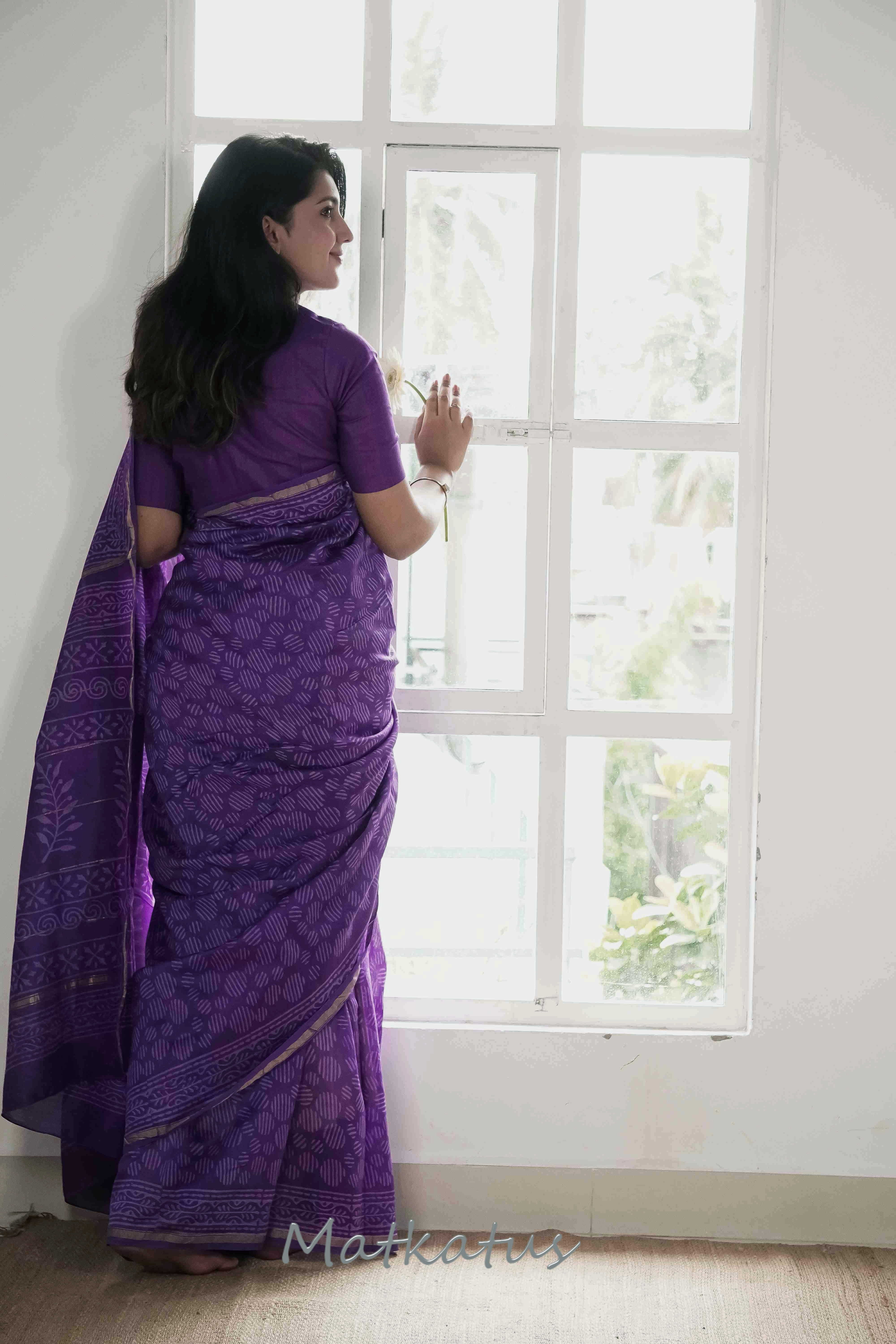 Dark Violet Block Printed Silk Cotton saree - Image 8