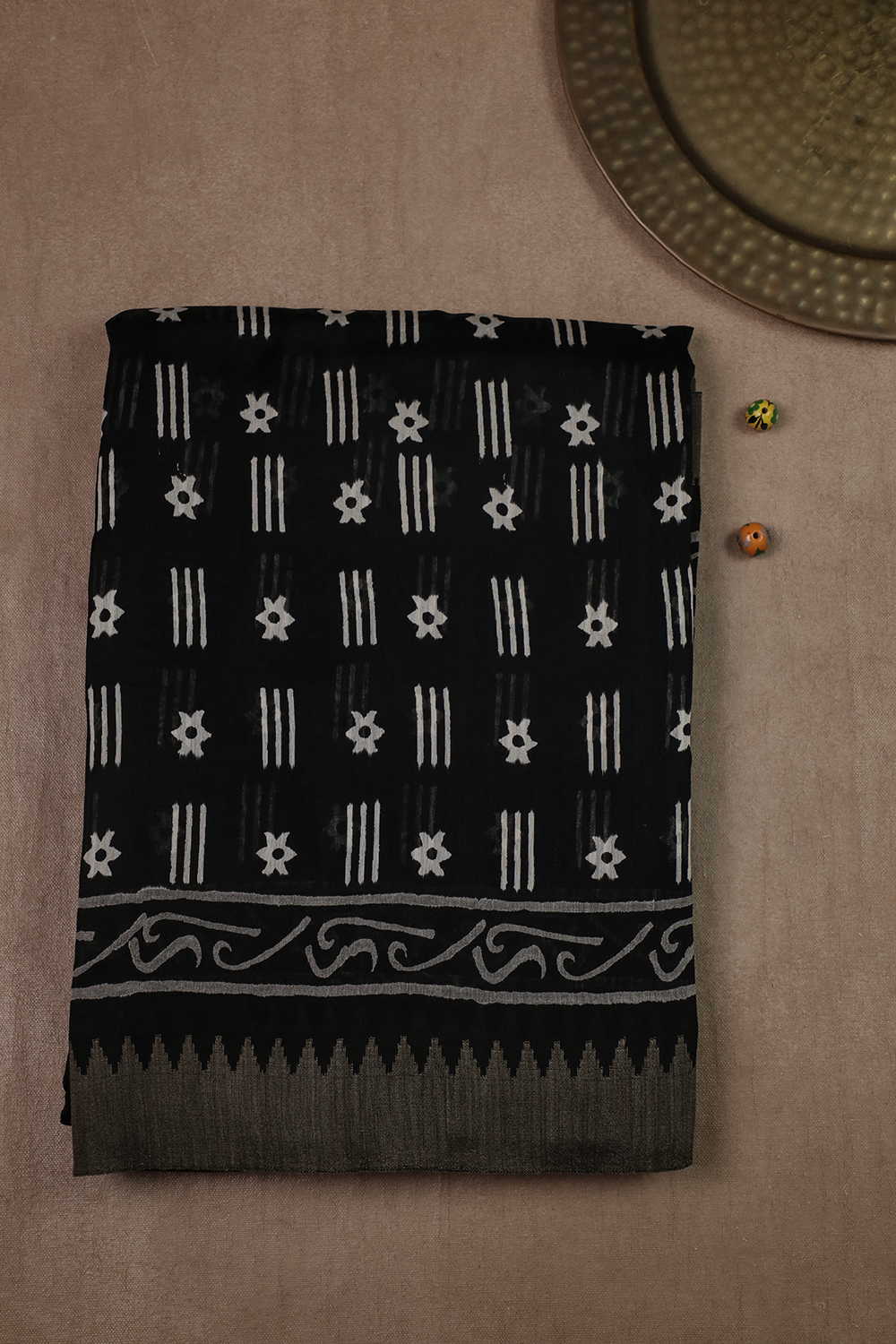 Pitch Black Block Printed Chanderi Silk Cotton saree