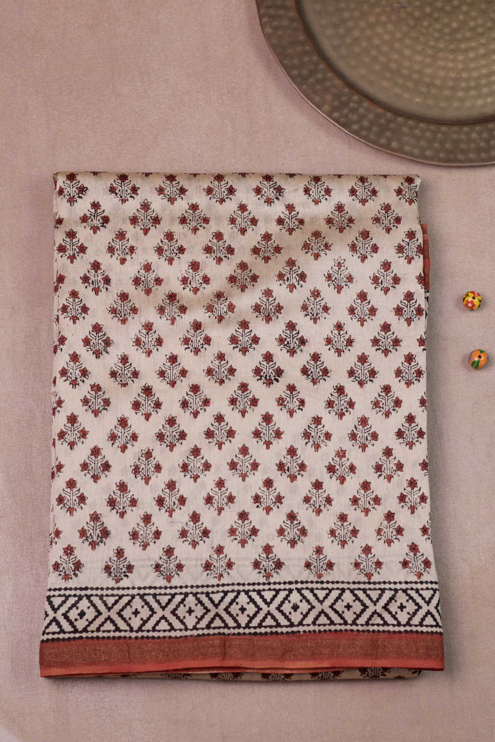 Florets - Cream Block Printed Silk Cotton saree
